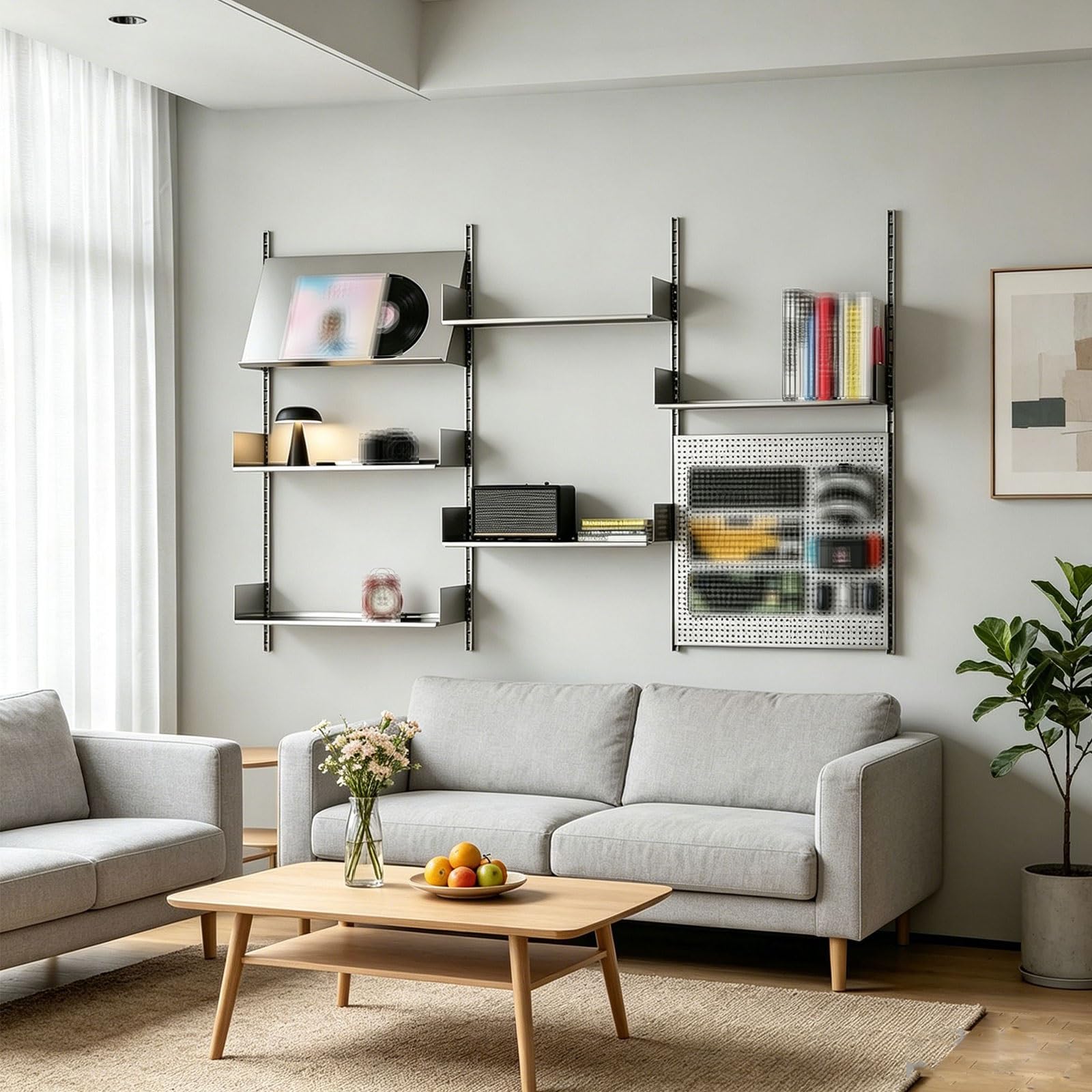 Lochwand Schlafzimmer Metall Edelstahl Pegboard Wandorganizer Höhenverstellbare Regalböden Modulares Wandregal Garage Tragkraft 50Kg für Raumaufbewahrung Organisation und Dekoration
