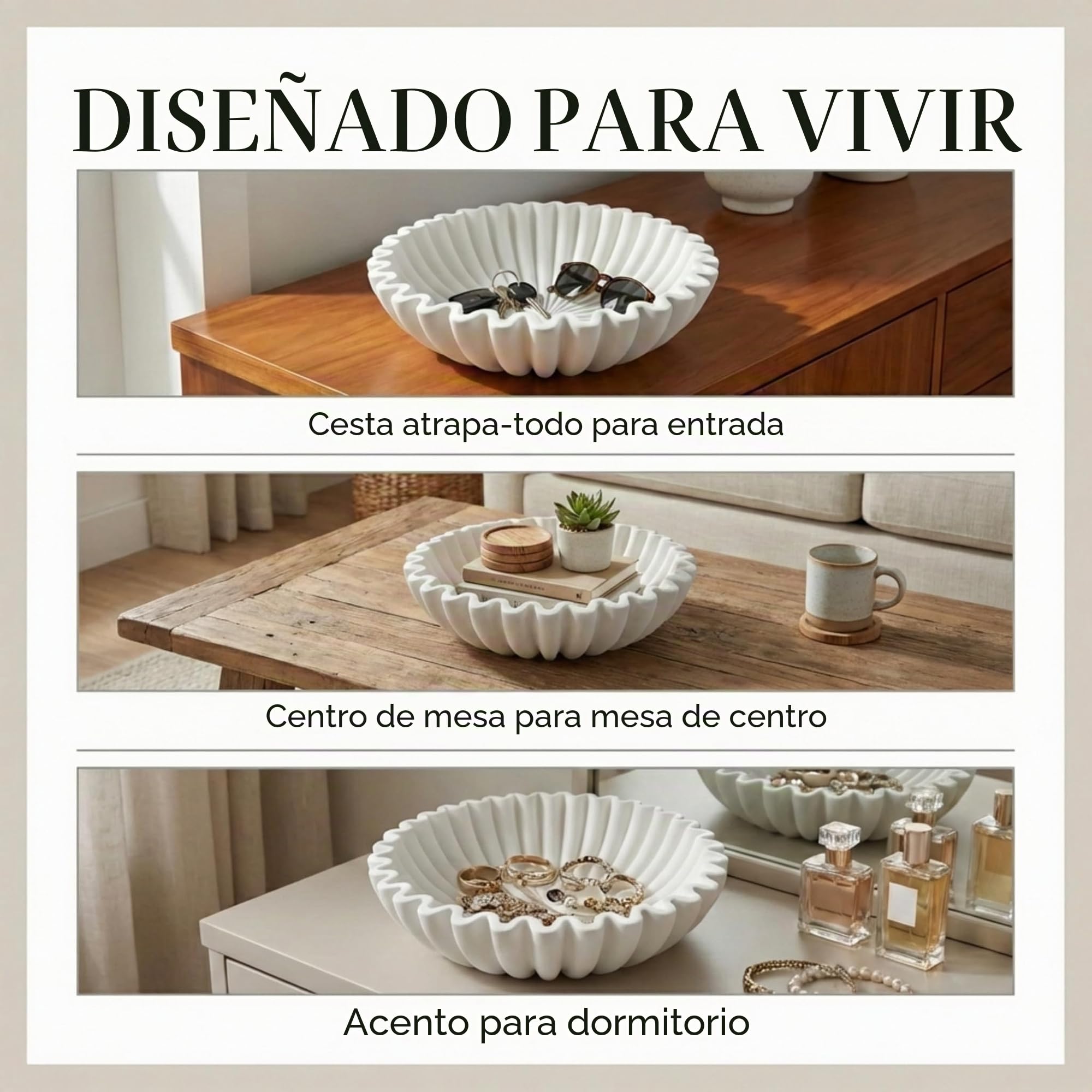 OAKOA Cuenco decorativo grande de hormigón, cuencos decorativos blancos para decoración del hogar, decoración de mesa de café, cuenco de centro de mesa con volantes festoneados