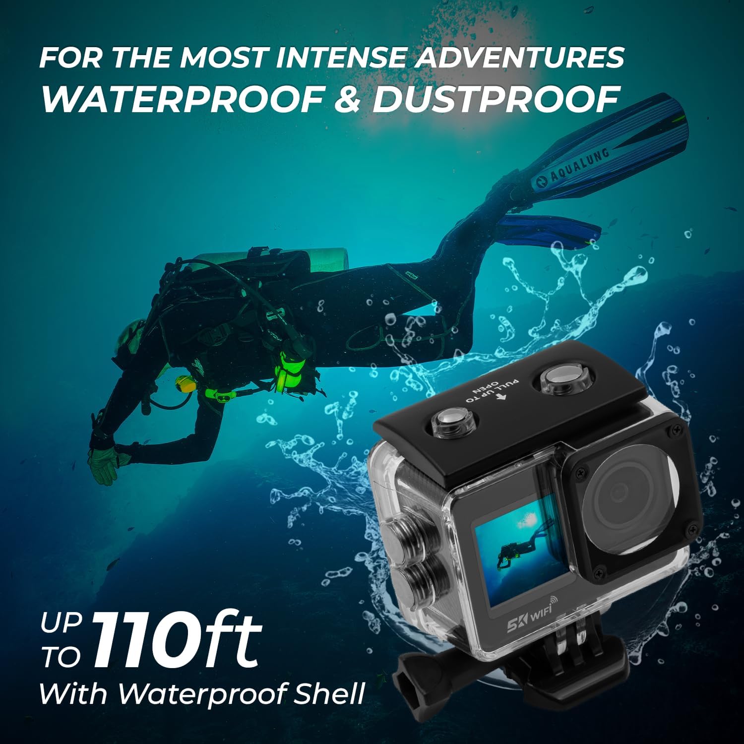 IZI ONE+ camera in its waterproof housing submerged in water, with a diver in the background