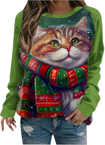 Sudaderas feas para mujer con estampado de animales de Navidad, manga raglán, bloque de color, túnica de otoño, camisas de entrenamiento con cuello