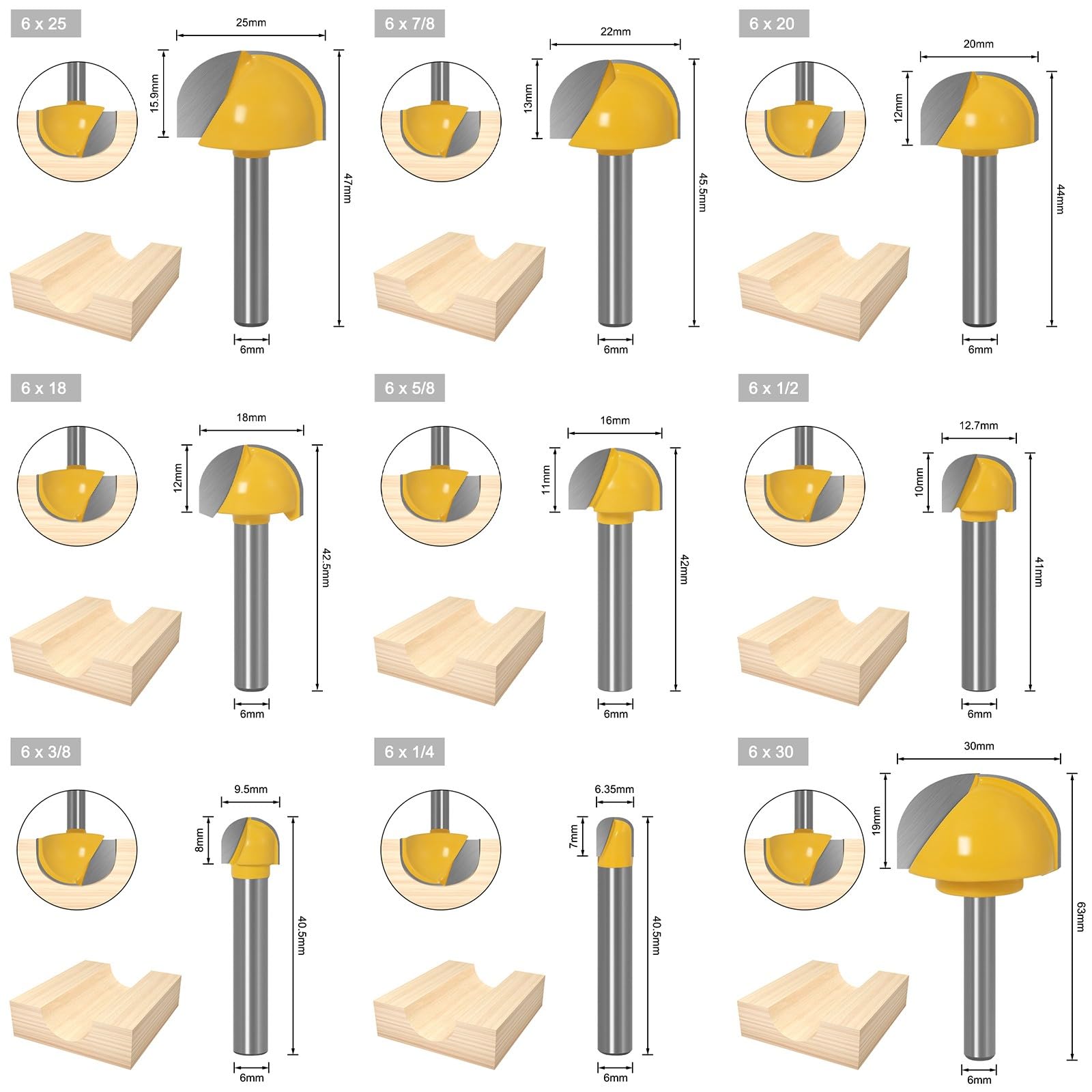 Juego completo de 9 brocas semicirculares de grado industrial producidas para alisar bordes y crear detalles ornamentales, juego de brocas semicirculares para carpintería