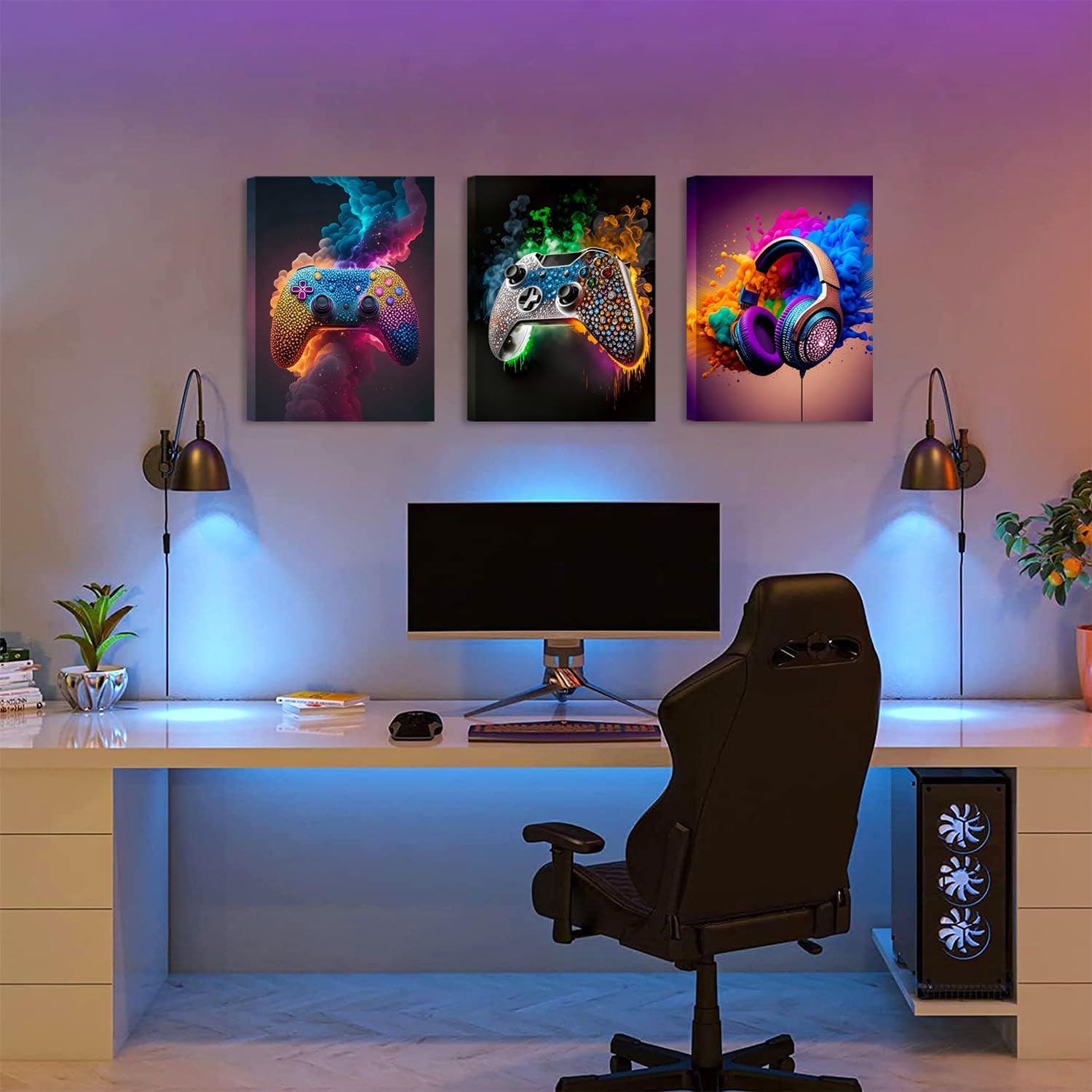 SEHSUVC Gaming Room Canvas Wall Art Set of 3, Game Posters Wall Decor, Gamer Paintings Picture Print for Boys Room Kids Game Room Bedroom Boys Home Decoration 12x16 In Framed Ready to Hang