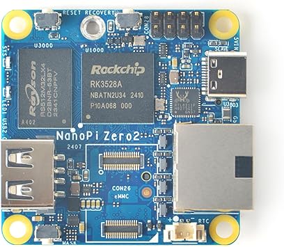 NanoPi Zero2 Super Tiny Fast GigE Single Board Computer, 1GB/2GB LPDDR4X RAM Rockchip RK3528A SoC, Gigabit Ethernet Port for IoT Smart Home Gateway, Support FriendlyWrt Ubuntu (2GB RAM 64GB eMMC)