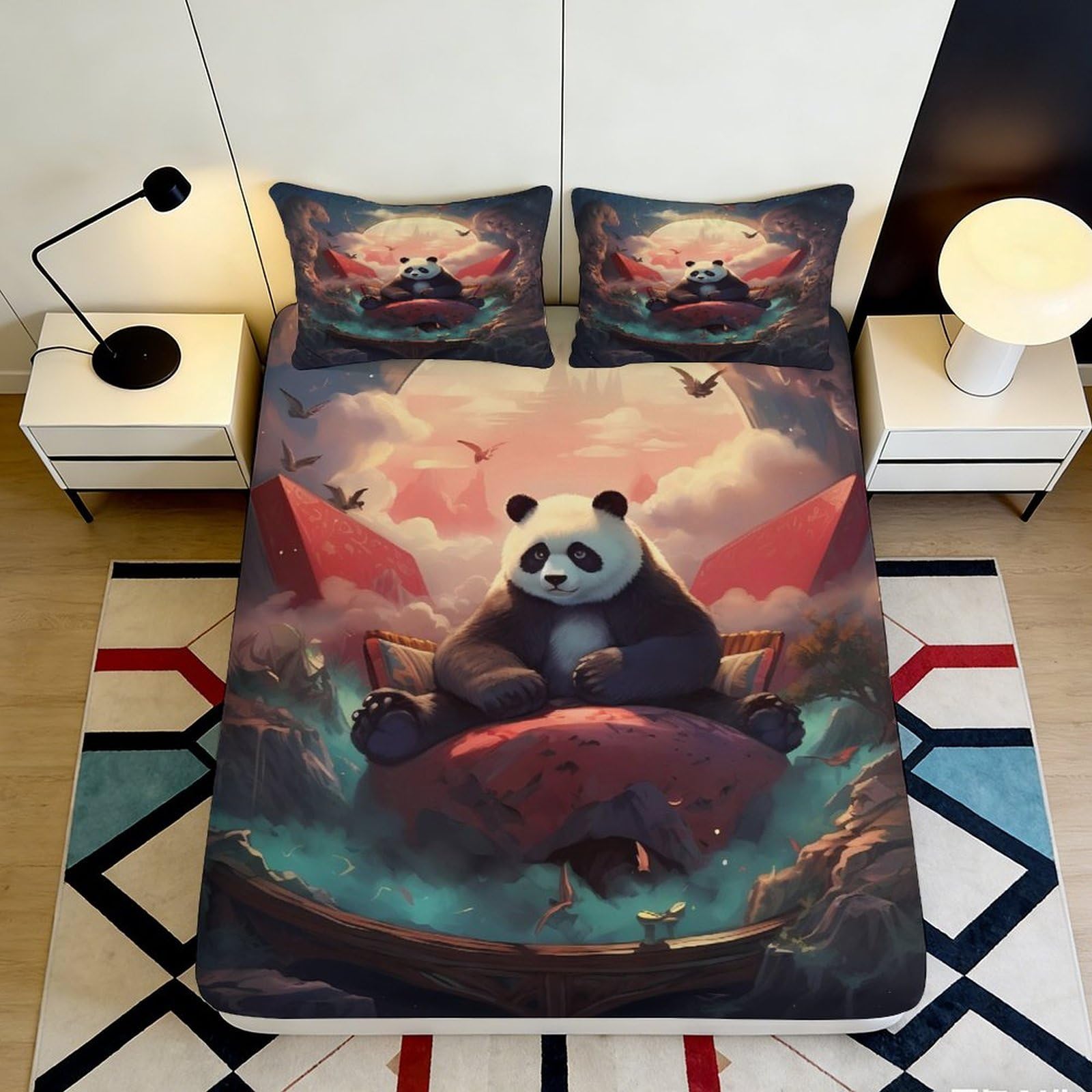 3D Printed panda Fitted Sheet, soft touch Microfiber, wrinkle resistant, bedroom decor, guest room bedding, easy care, anti-slip bed cover, dustproof 90x200x25cm