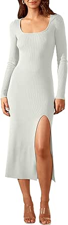ANRABESS Women's 2023 Fall Long Sleeve Sweater Dress Square Neck Side Slit Bodycon Ribbed Knit Slim Fit Midi Dress