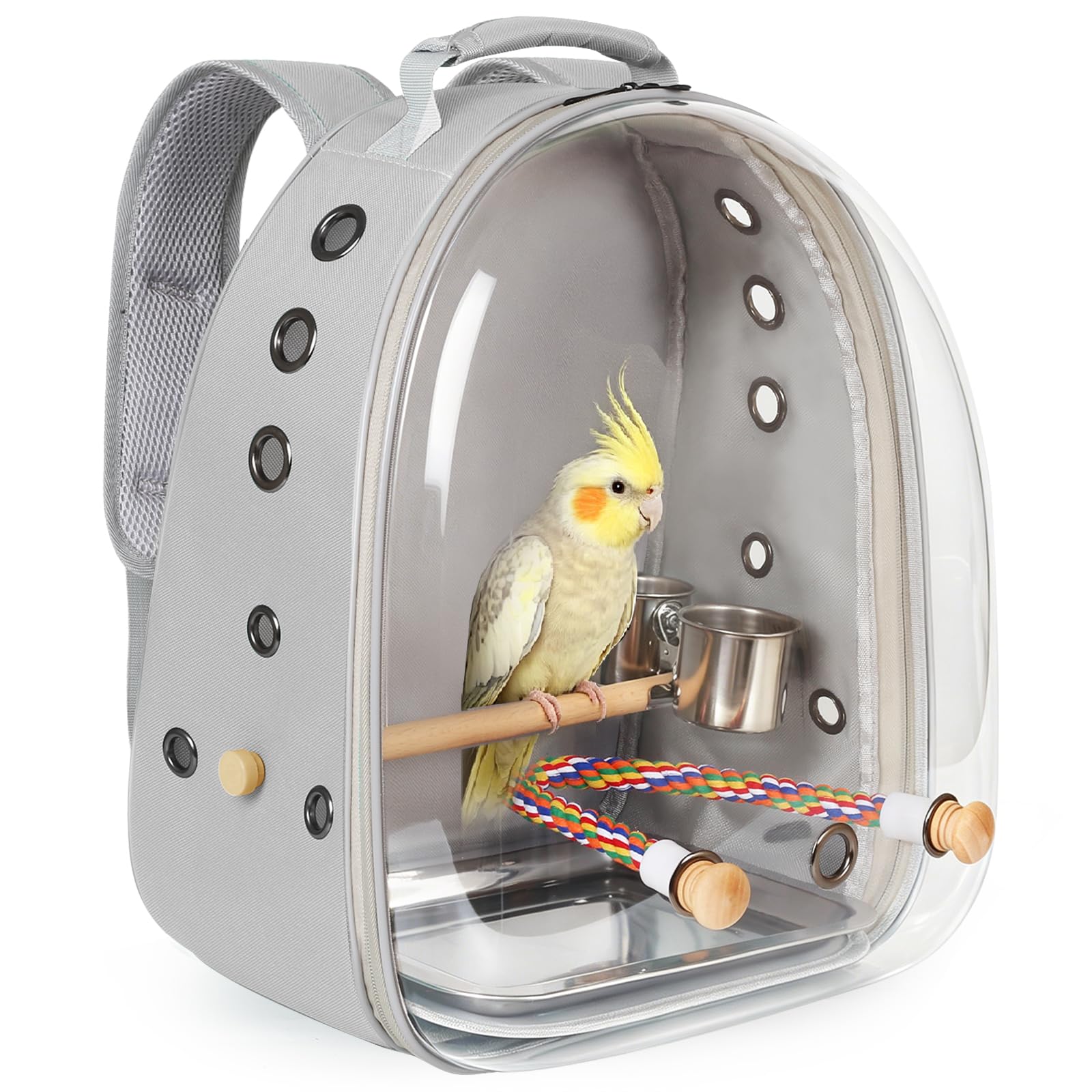 Bird Traval Carrier Cage, Multi Vent Holes Clear Space Capsule Astronaut Backpack to Carry Parakeet Cockatiel Parrot with Metal Tray Wood Perch, Vet Transport Bag