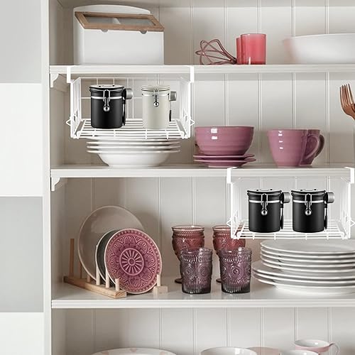 Miniatura 8 de Cestas de almacenamiento para debajo del estante, cesta plegable de alambre de metal, paquete de 2, color blanco