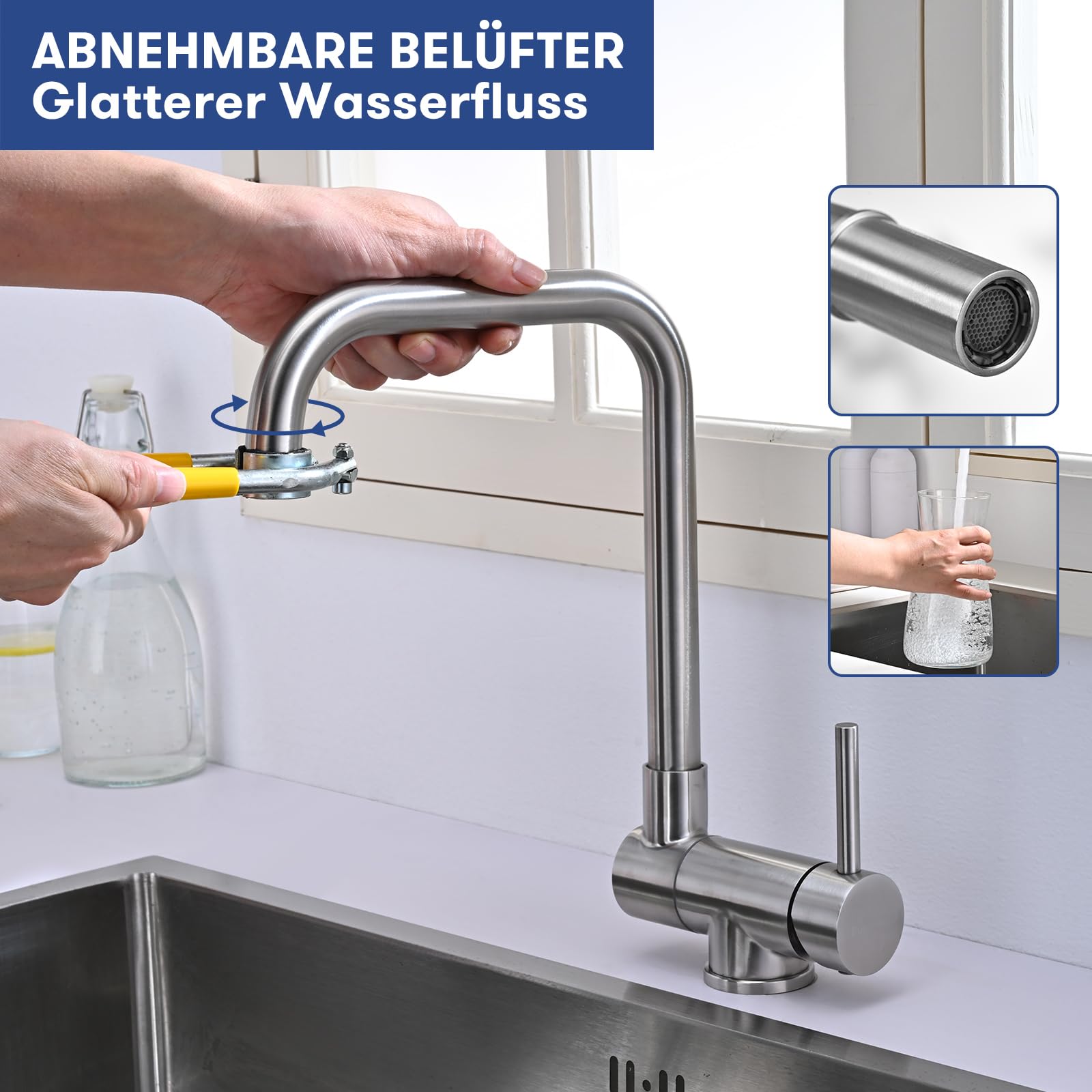 Vorfenster Küchenarmatur Klappbar BuntHaus, 360° Küchenarmatur Gebürstetem | Wasserhahn umklappbar schwenkbar, Wasserhahn Unterfenster, Spültischarmatur Vorfenster, Edelstahl