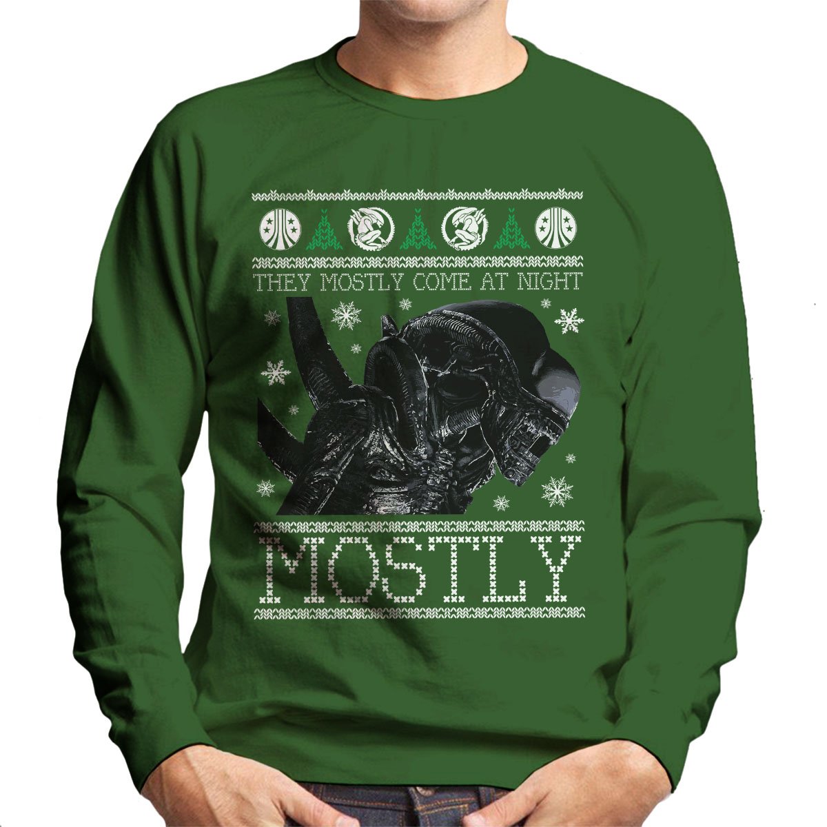 Cloud City 7 Men's Bottle Green Xenomorph Aliens Christmas Knit Sweatshirt