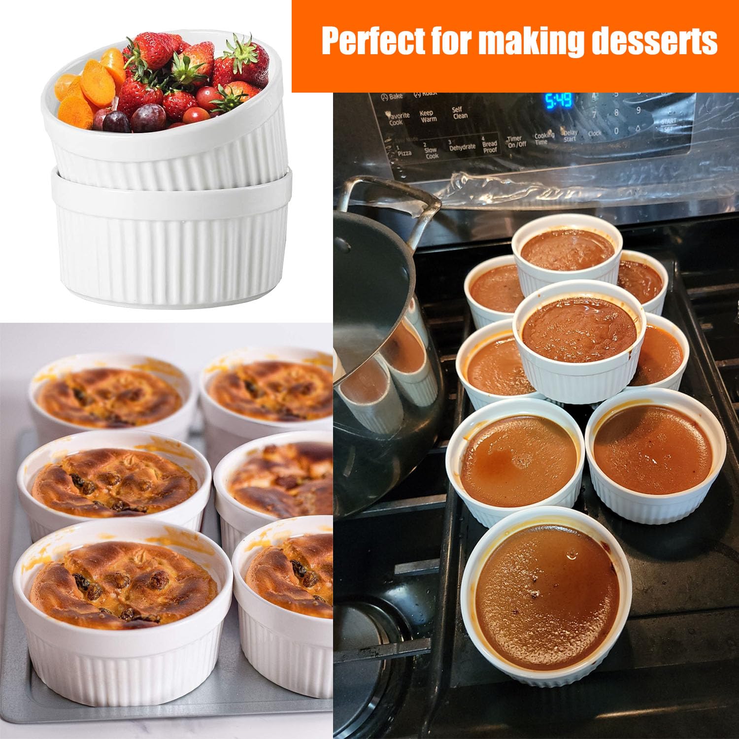 6 Pirottini in crema Brulee, resistenti al forno, in ceramica, per ciotole per ragout fini, per muffin, panna cotta, 10 cm, bianco