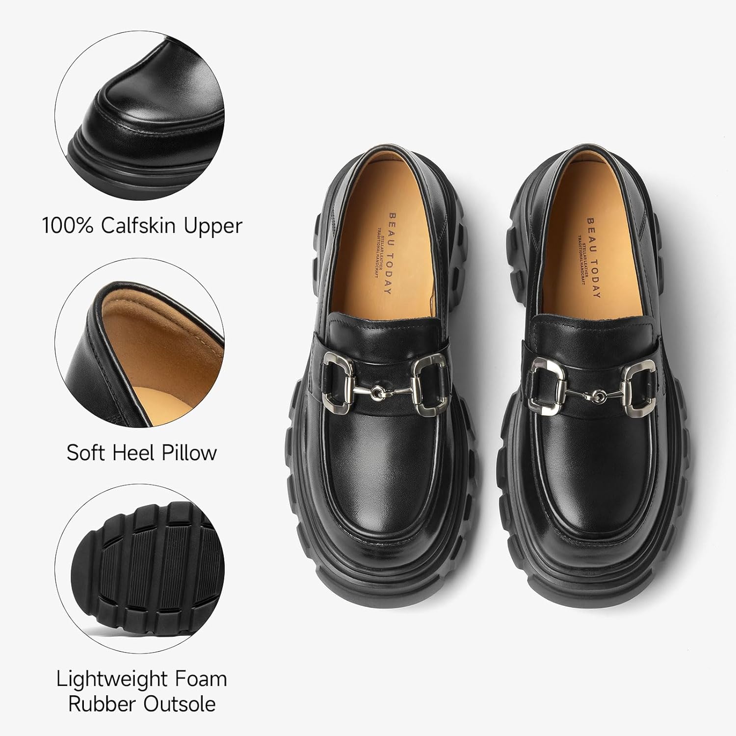 EAU Today Platform Loafers for Women,Leather Chunky Loafers for Women,Heel Lug Sole Slip-on Breathable Horsebit Non-Slip Shoes for Work Business Casual Black US 6 - Image 5