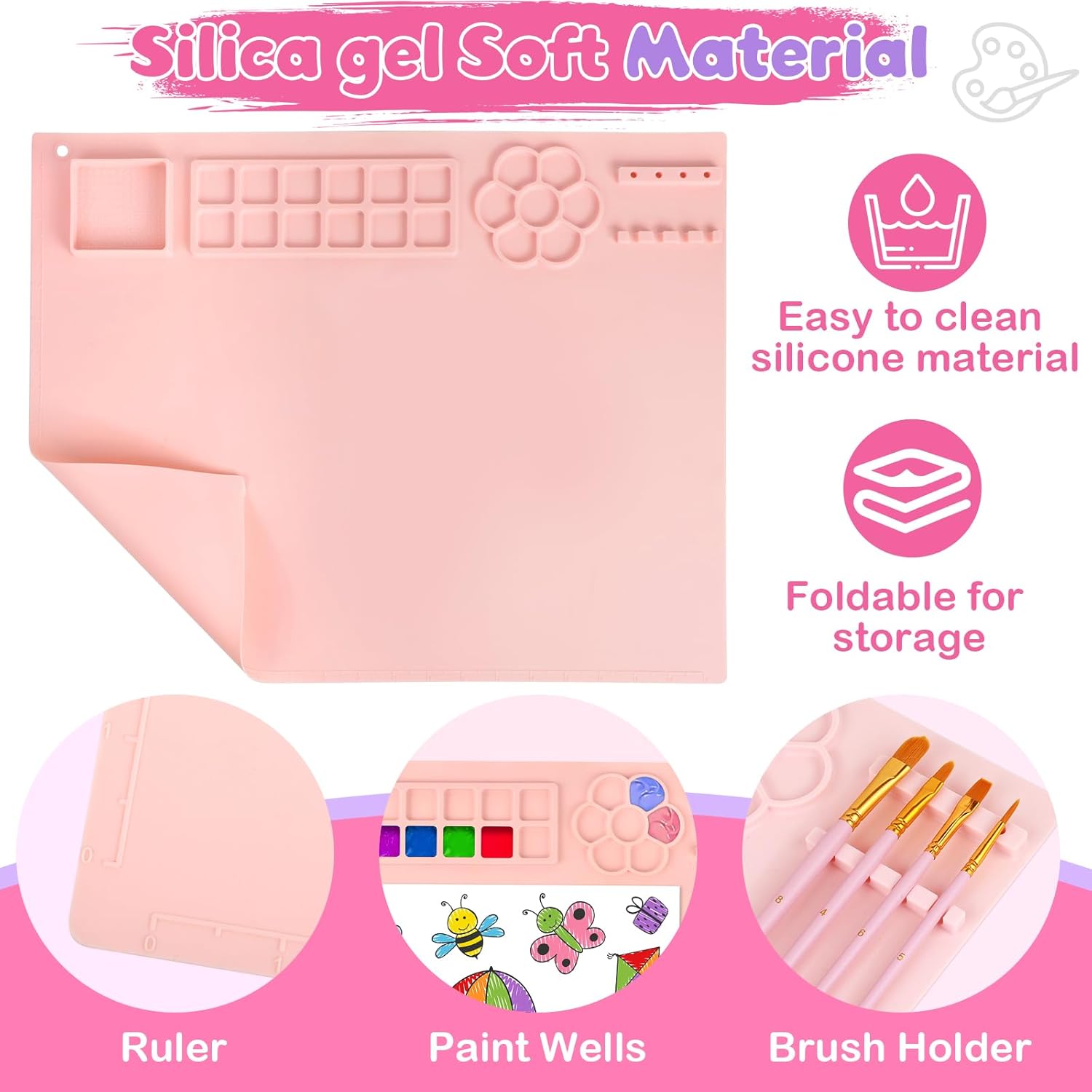 Art Painting Kits, Paint Station, Including Upgraded Paint Brush Cleaner, 20"X16" Silicone Painting Mat, 12 Colors Acrylic Paint Set and 10 Paint Brushes, Painting Supplies Kits(Pink) - Image 3