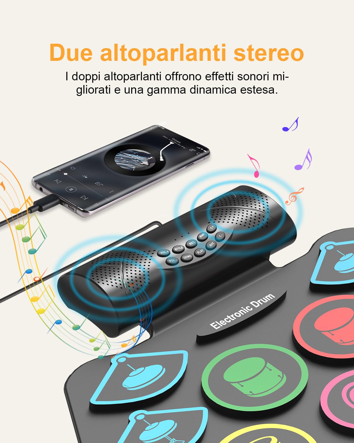 Tamburi elettronici, 9 cialde, batteria elettronica pieghevole, con bacchette, set elettrico portatile, con Bluetooth, per bambini, principianti compleanno e regalo