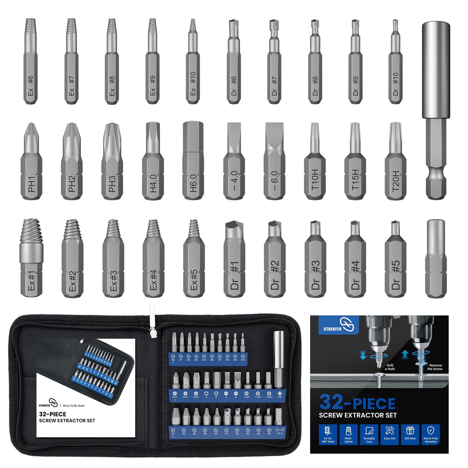 STREBITO 32PCS Damaged Screw Extractor Set, Stripped Screw Extractor(Blue)