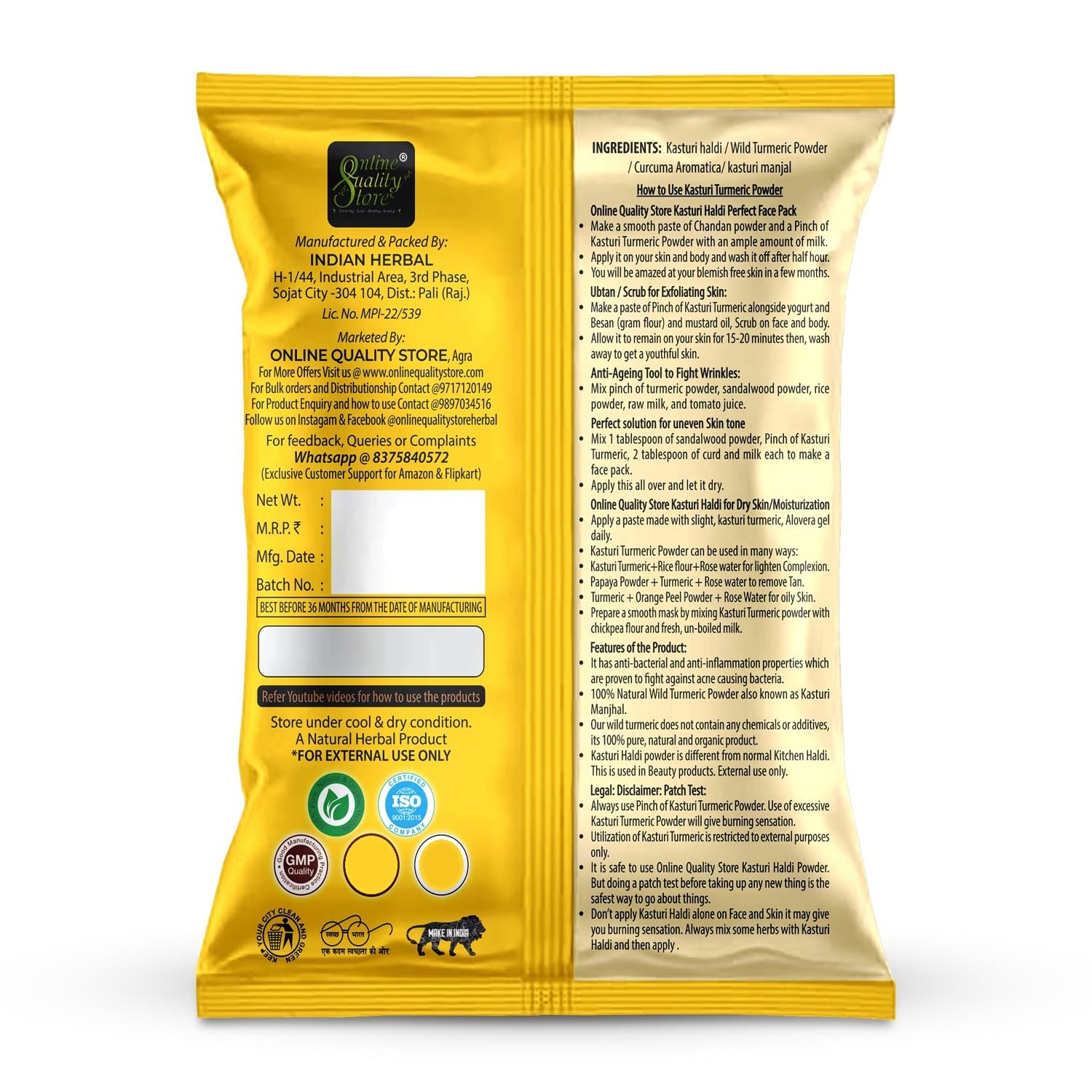 Online Quality Store Kasturi Haldi Powder Combo for Hair and Face_100 (100 g) 2 71WkL4SFSaL. SL1500