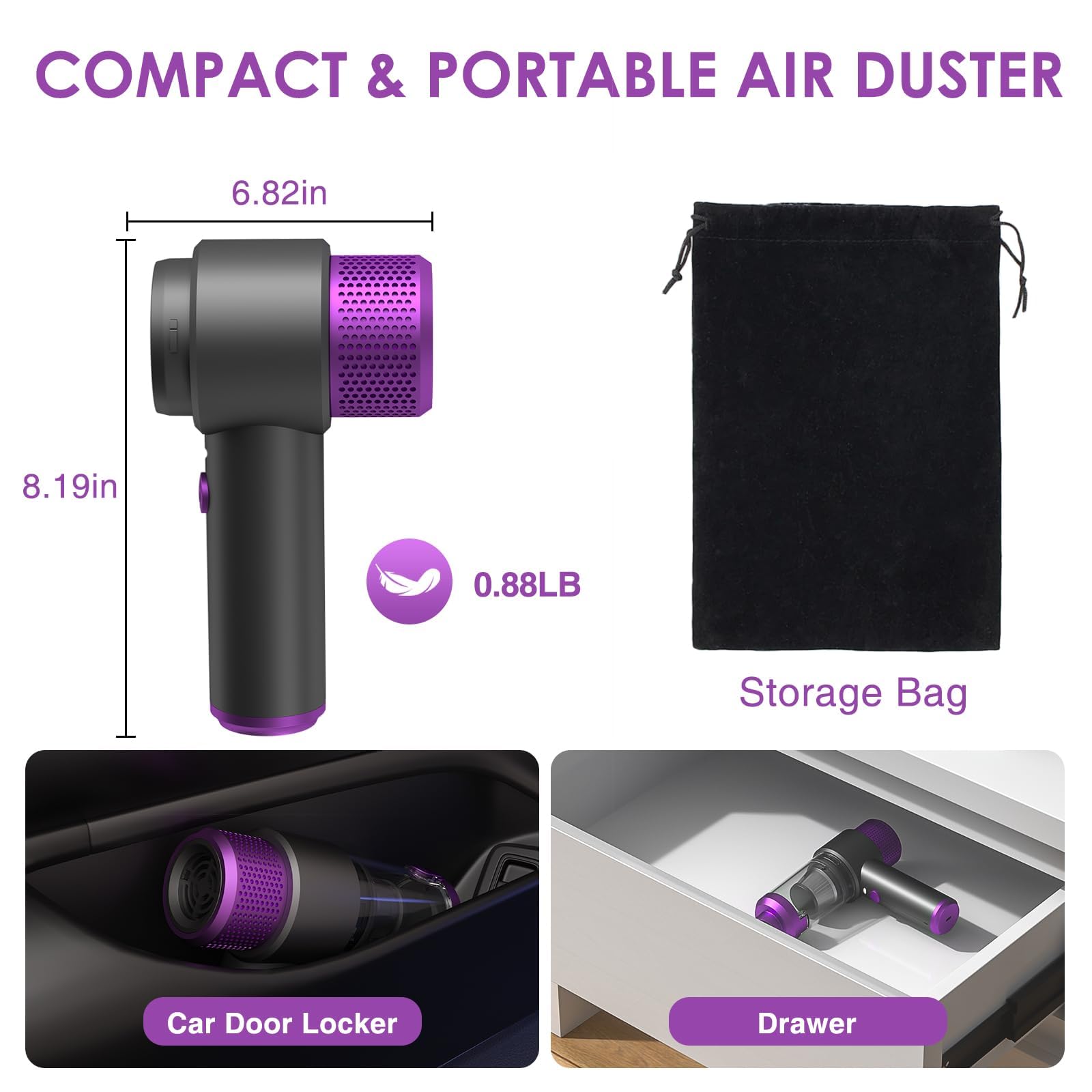 4-en-1 Aspirateur Voiture Puissant sans Fil, 15000PA Mini Aspirateur a Main sans Fil, Double Système de Filtration, Lumière LED, pour Souffleur Air Comprimé Nettoyage PC, Bureau (Violet)