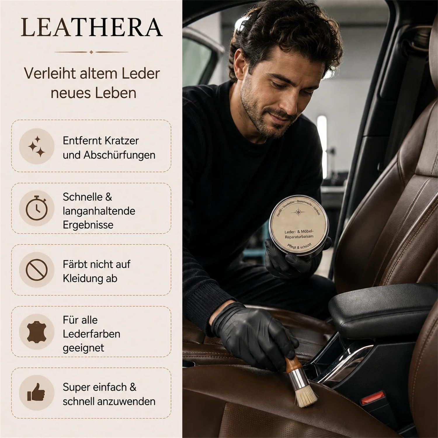 Leder Reparaturbalsam für Auto & Möbel – Lederpflege Creme für Sitze, Sofa, Taschen & Schuhe