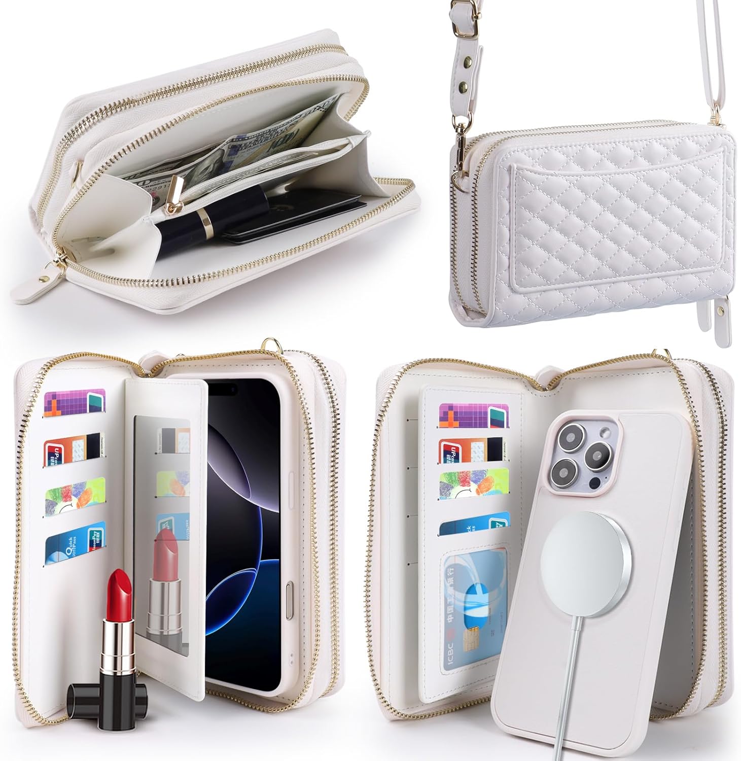 Harryshell Compatible with iPhone 14 Pro Max 6.7 inch 2022 Case Wallet Multi Zipper Detachable Magnetic Cover Purse Bag with Card Slots Mirror Crossbody Strap (Compatible with Magsafe - White)