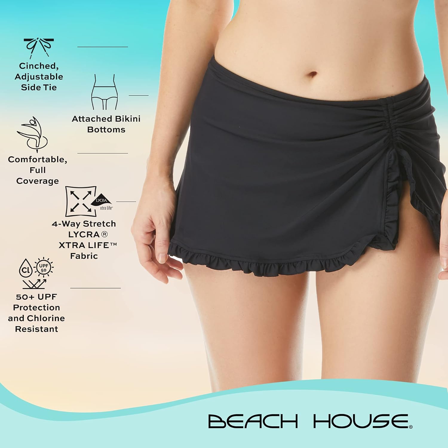 BEACH HOUSE Ruffled Side Tie Swim Skirt — Adjustable Ruffle Bikini Bottom, Tess