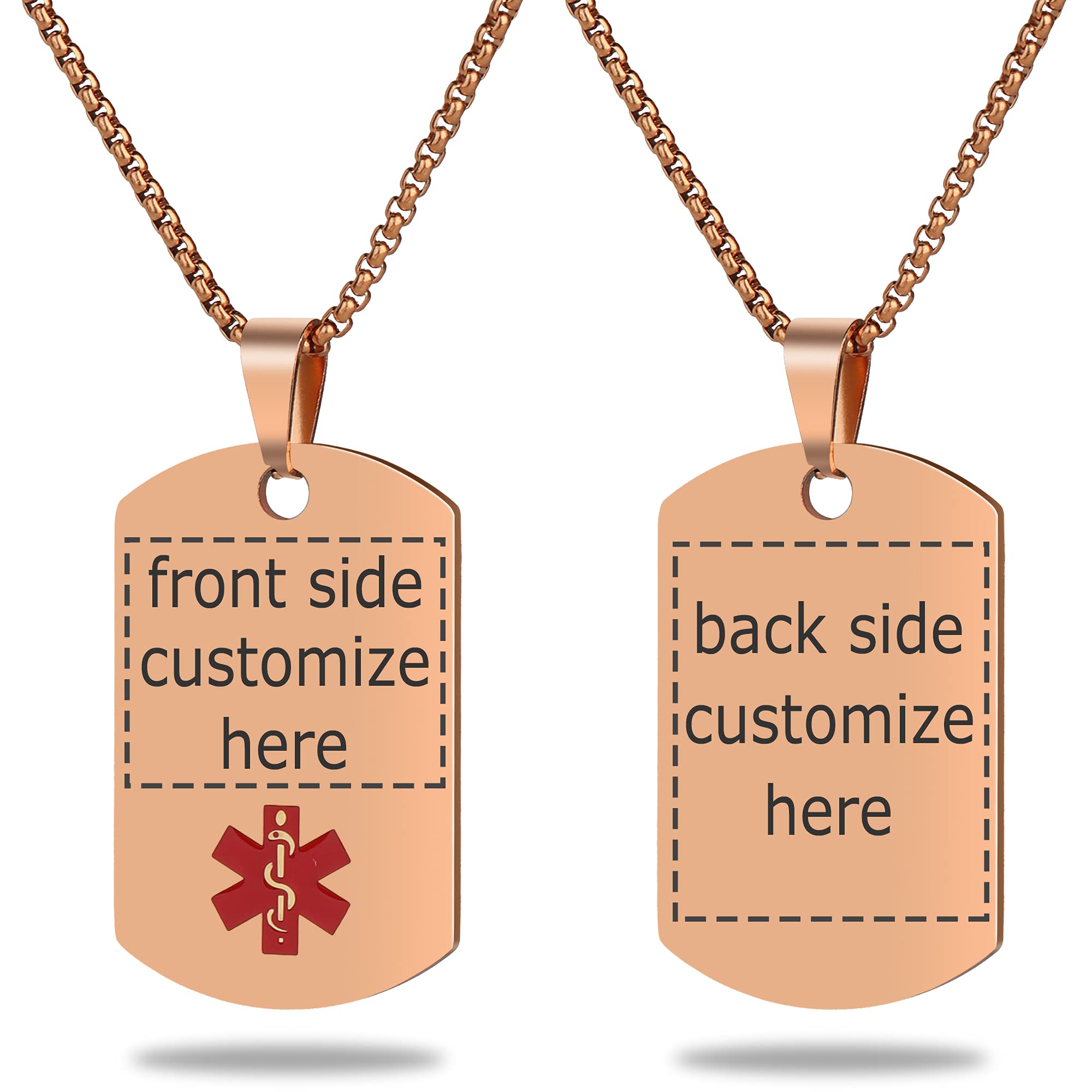 Medical Alert Necklace Free Custom Engraving Personalized Gift Rose Gold Polished Stainless Steel ID Tag Pendant for Men Women