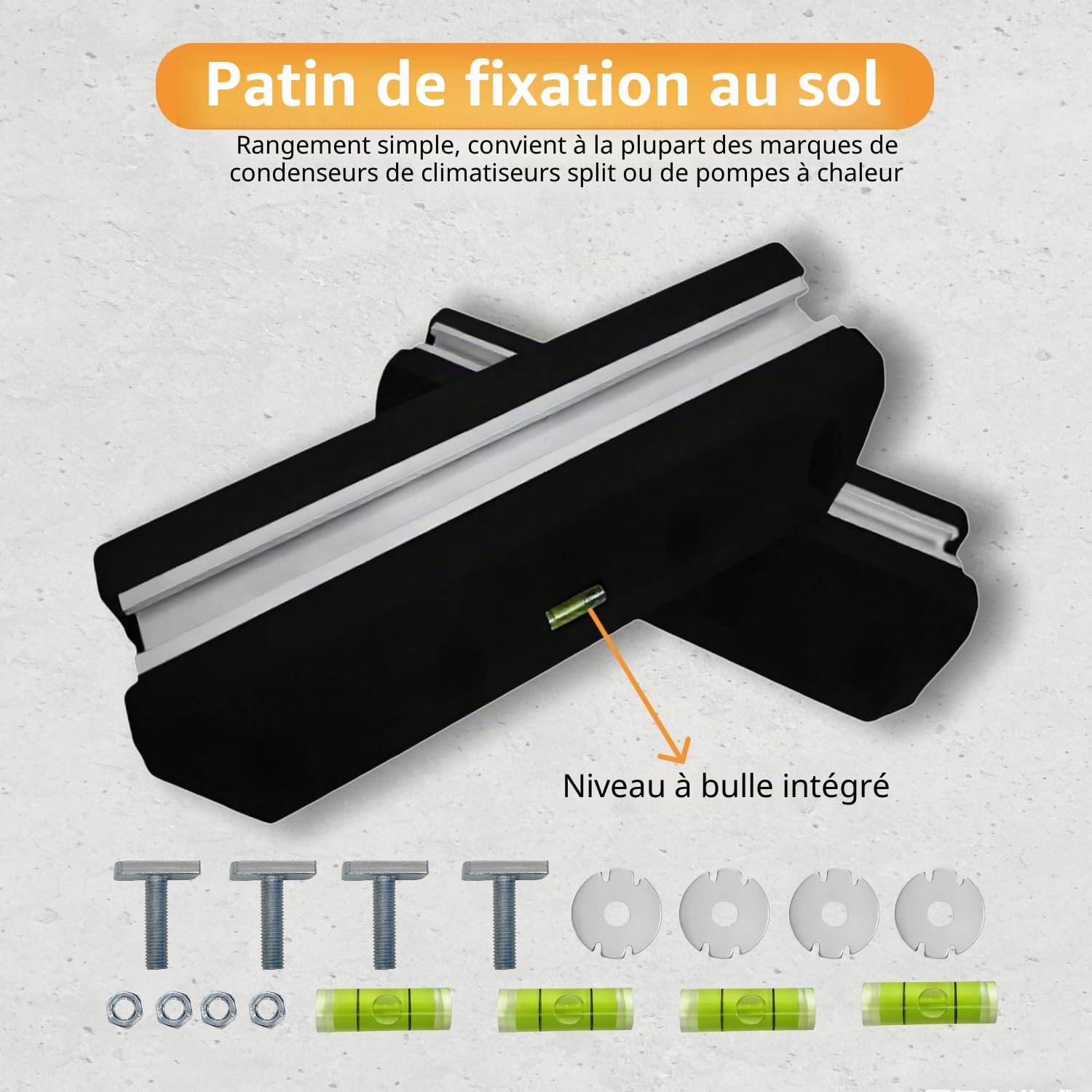 Console de sol pour climatiseur et pompe à chaleur avec niveau à bulle, cadre anti-vibrations 600 mm, charge maximale 400 kg, amortissement en caoutchouc résistant aux UV, amortisseur de vibrations