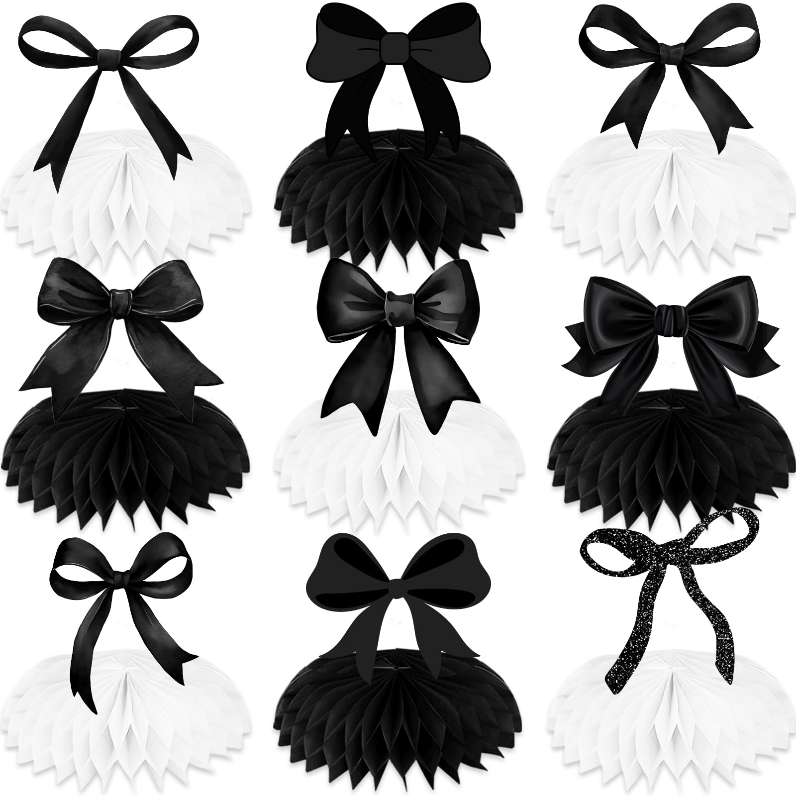 Black Bow Birthday Decorations Honeycomb Centerpieces, 9Pcs Black Coquette Birthday Decorations for Table 3D Bow Birthday Decorations Coquette Baby Shower Decorations for Bow Birthday Baby Shower