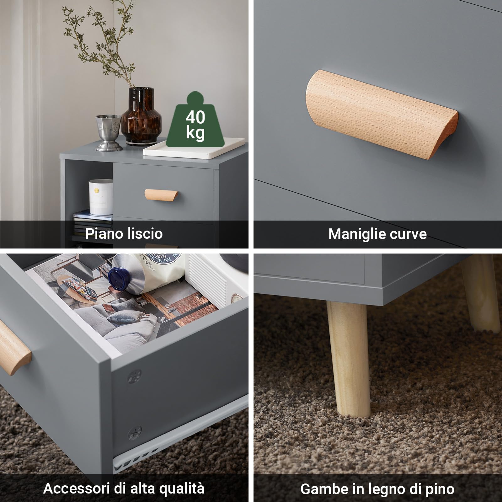 SoBuy Comodino con 3 cassetti e 2 ripiani 48x40x60 cm | Tavolino da notte moderno con cassettiera e spazio contenitore per camera, grigio FBT95-HG