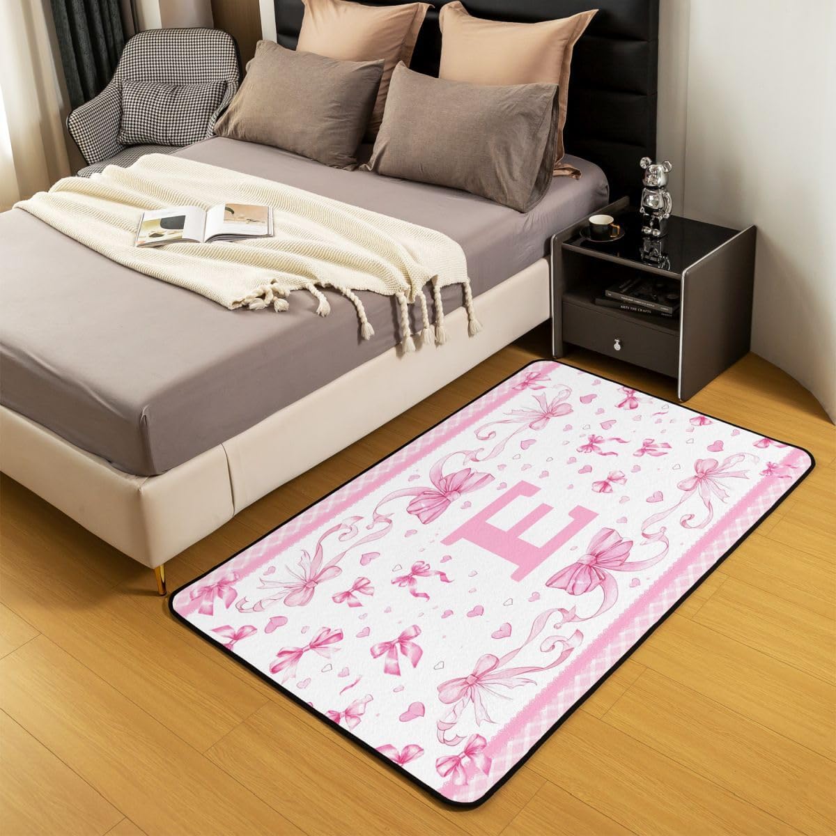 jejeloiu Pink Bowknot Area Rug 3x5 Polyester Initial Letter E Living Room Rugs for Bedroom Cute Bow Alphabet Decor Carpet Love Heart Indoor Floor Mat Soft Non-Slip