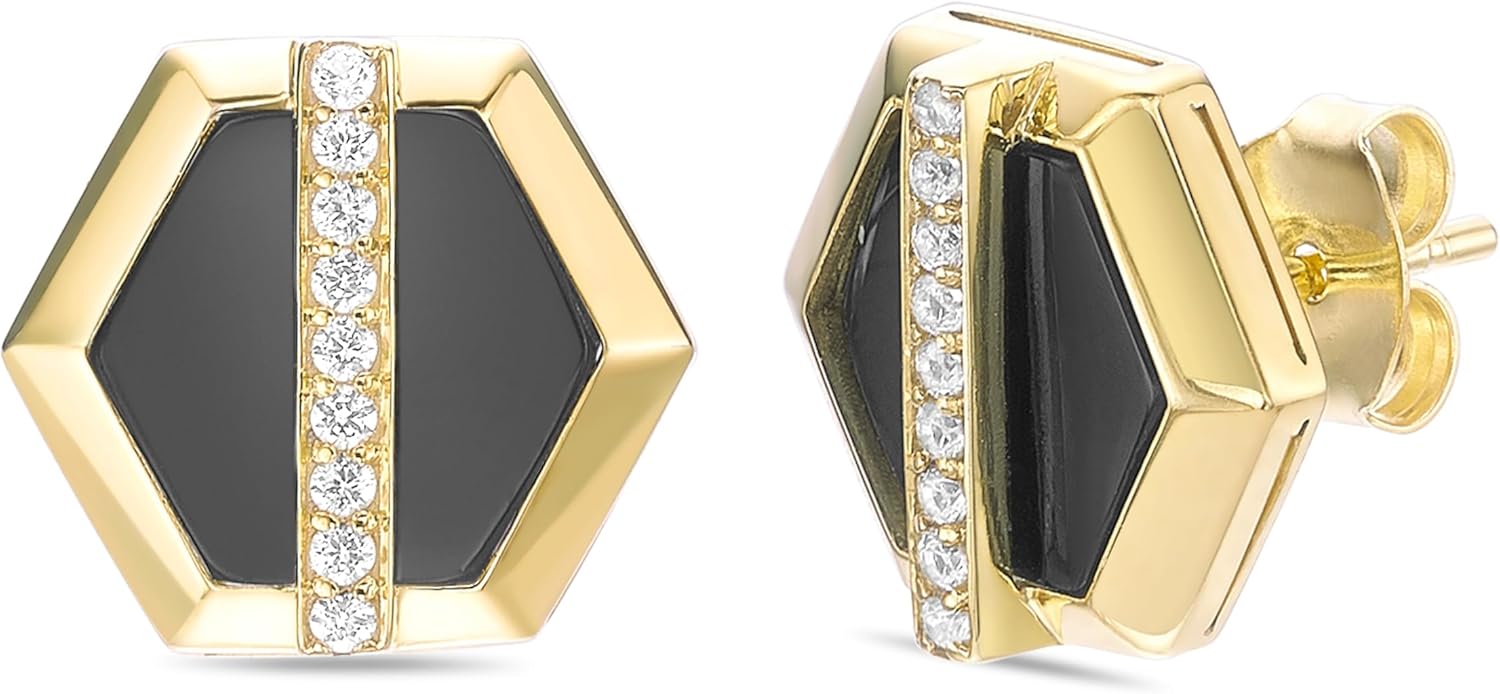 Lavari Jewelers Hexagon Shape Stud Earrings for Women with Black Onyx Malachite or Mother of Pearl and Created White Sapphire - 14k Yellow Gold Plated 925 Sterling Silver Earrings - Push Back Studs