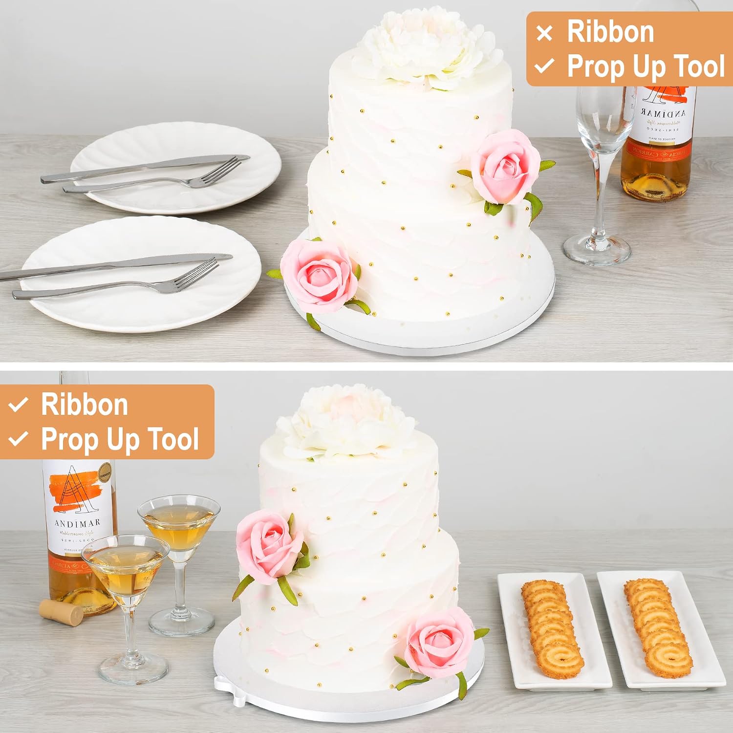 BOARDS+ Cake Drum 10 & 12 Inch (7 Pack Per Size), Free Prop Up Tool & Matching Ribbon, 1/2" Thick Cake Rounds, Sturdy, Smooth Professional Looking & Greaseproof | For Presenting Heavy / Tiered Cakes