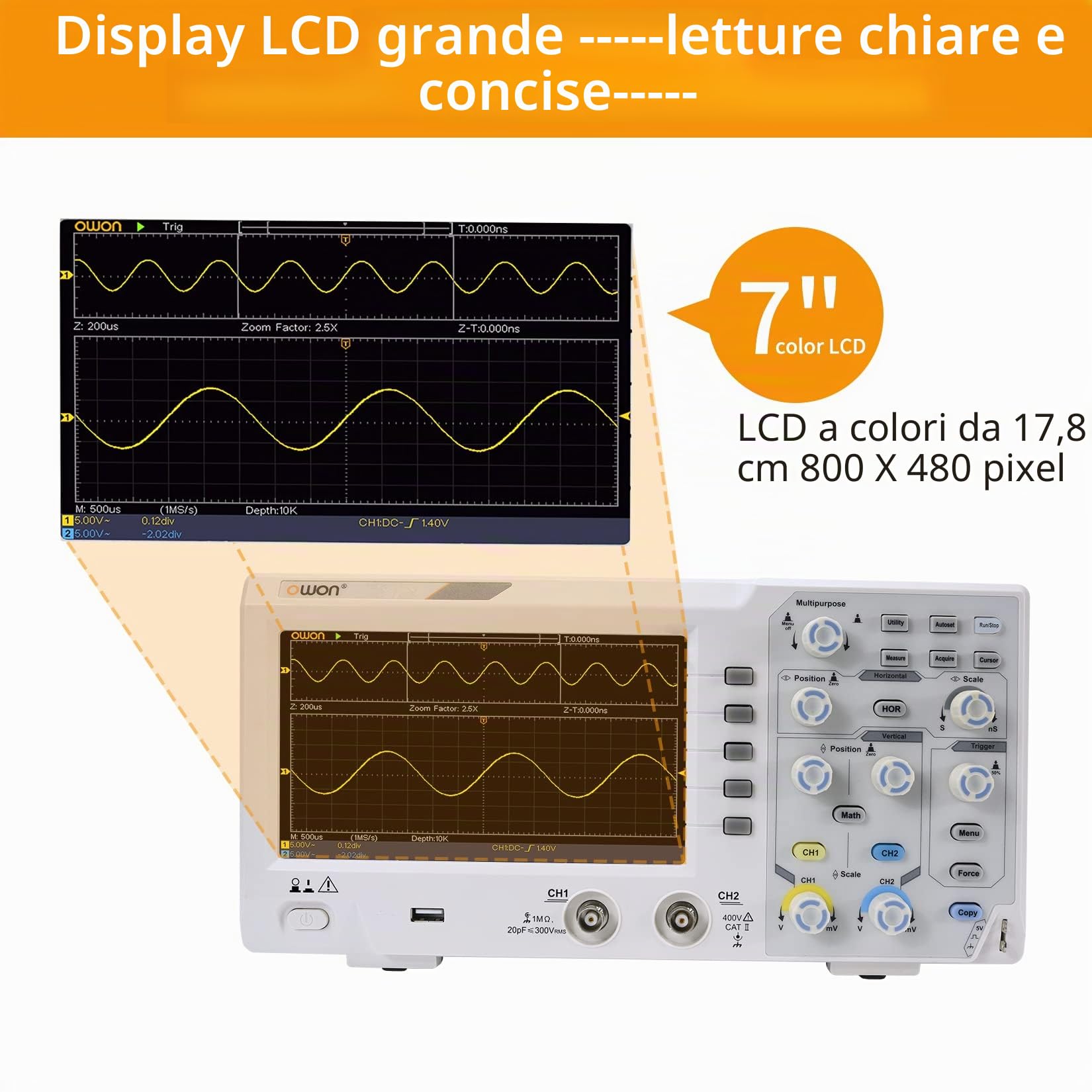 OWON SDS1102 Oscilloscopio digitale con 2 canali, frequenza di campionamento 1GS/s, LCD ad alta risoluzione da 7 pollici, larghezza di banda 100MHZ, kit oscilloscopio professionale portatile