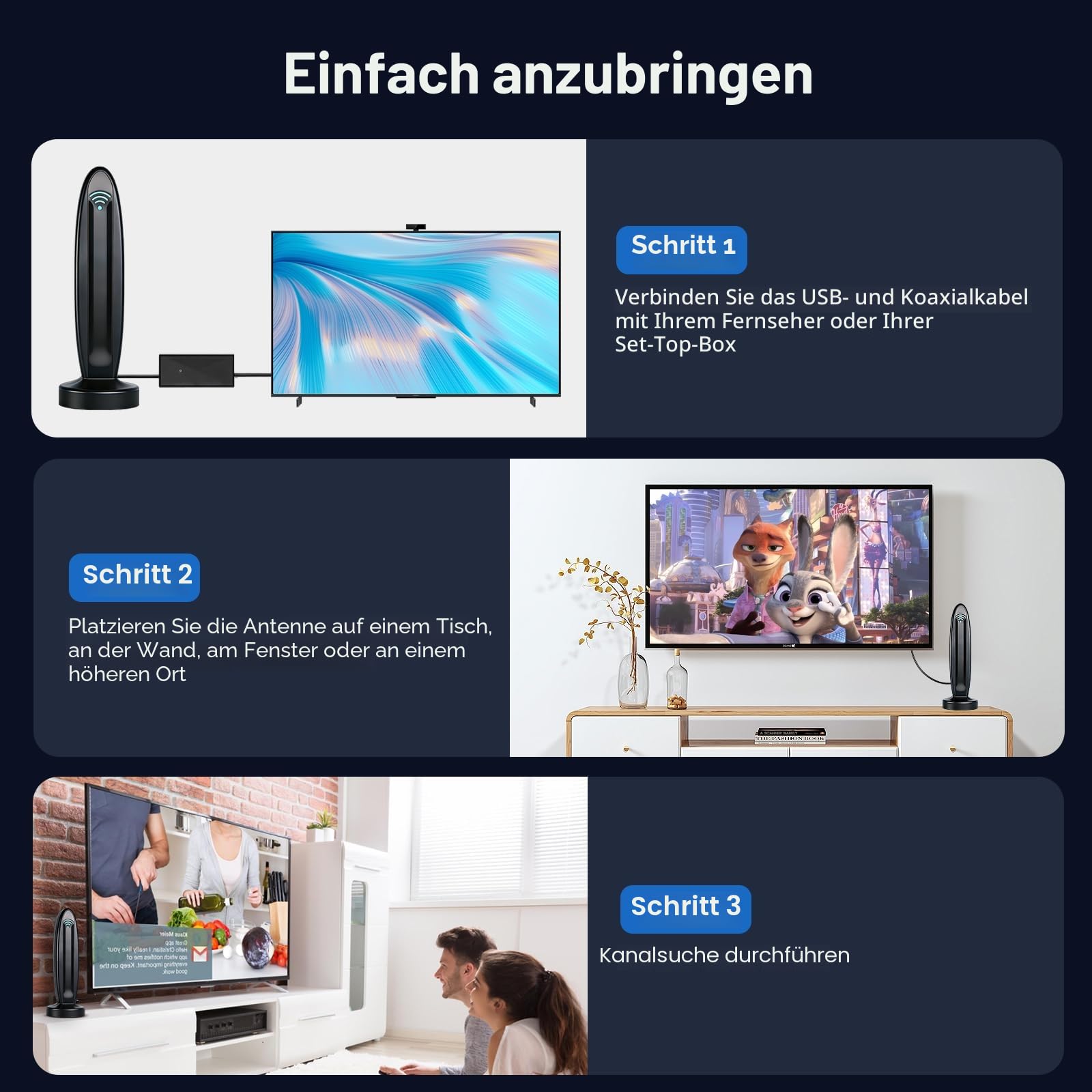 DVB-T2 Antenne mit Verstärker für Innen - Zimmerantenne für Fernseher, DVB-T/T2, TV Antenne 4K UHD Full HD, 360° Empfang bis 500 km, kostenlose Sender