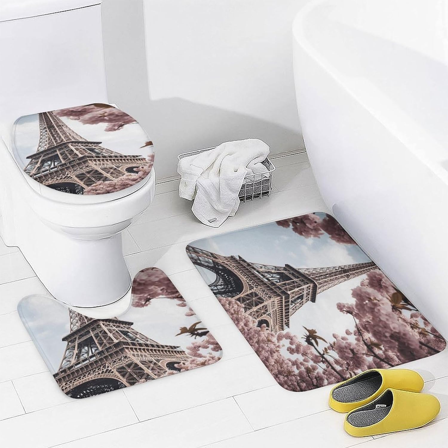 Eiffel Tower Blossoms 4Pcs Shower Curtain Set with Non-Slip Rugs, Toilet Lid Cover and Bath Mat,Bathroom Set Decor Accessories,Curtain Set with 12 Hooks, 72 X 72 Inch