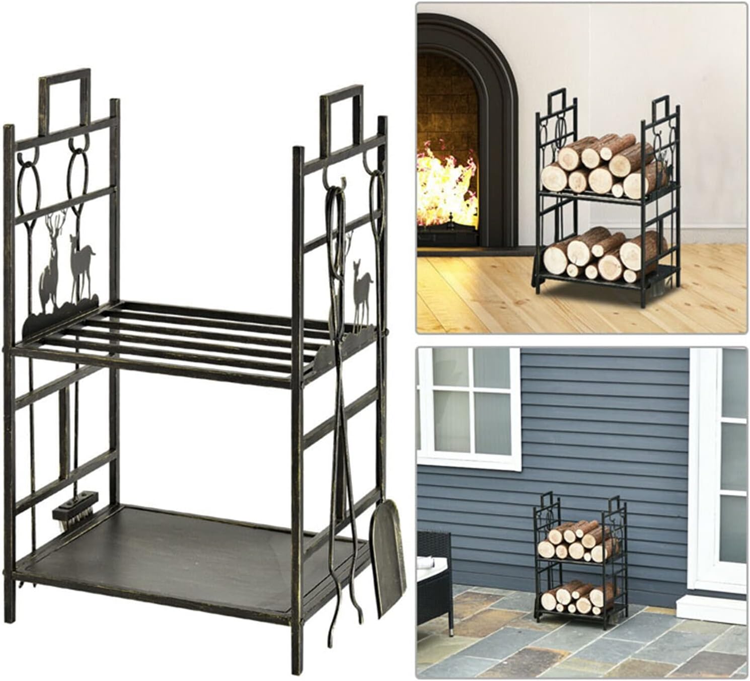 Firewood Log Rack with Fireplace Tool Set, Steel Log Storage Rack for Indoor and Outdoor Fireplace