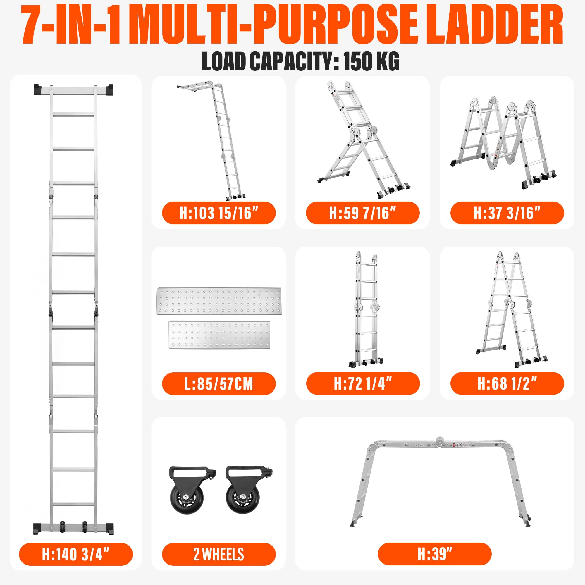 TEENO Échelle Multifonction 7 en 1, 3.6 M, 4x3 marches, Échelle Pliante en Aluminium avec 2 Plateformes, Pieds en Caoutchouc, 2 Roues Amovibles, 12 échelons, Charge Max 150 kg, Argenté