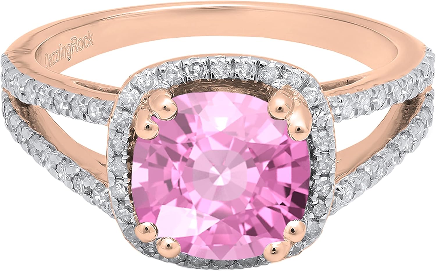 Dazzlingrock Collection 8mm Cushion Lab Created Gemstone & Round Natural White Diamond Halo Split Shank Engagement Ring for Women, in Real Solid Gold