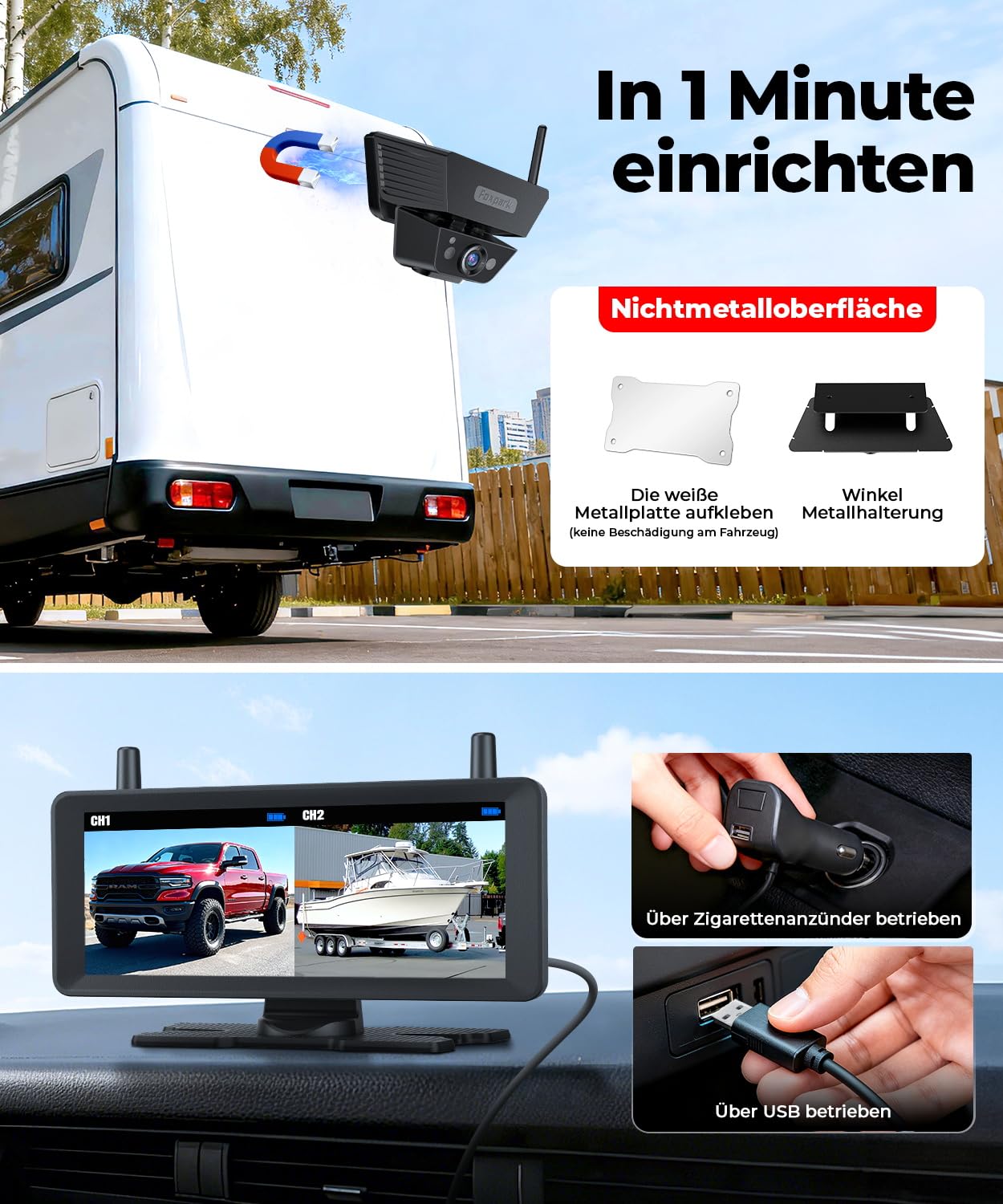Zwei Solar Rückfahrkamera Kabellose Magnet 7,2 Zoll 1080P Dual Channel Monitor DVR Aufnahme Dual Rückfahrkameras Wohnmobil Camper Anhänger