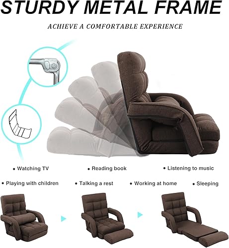 Miniatura 3 de Silla de suelo ajustable para adultos con apoyo trasero, sofá perezoso plegable de 5 posiciones con almohada, silla de juegos y meditación con tela