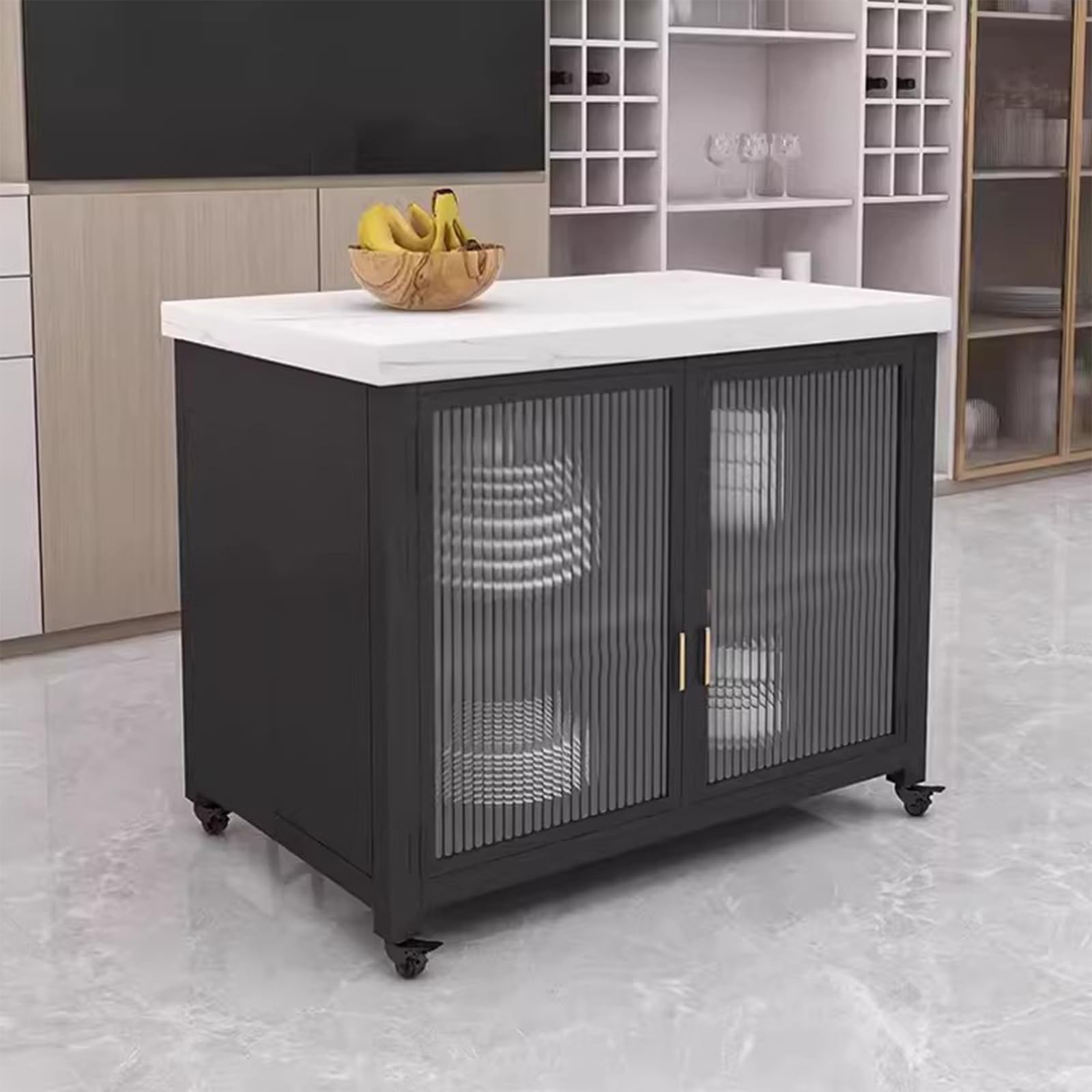 Mobile contenitore per cucina ad isola Armadietto portaoggetti in metallo con isola cucina mobile piano in pietra sinterizzata e anta in vetro scanalato(Bianco,Piccolo)