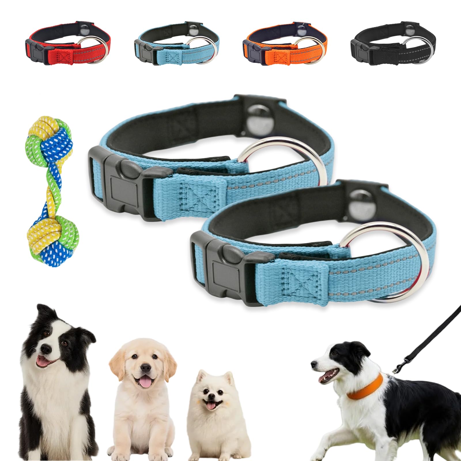 Magnetic Dog Collar, Reflective Adjustable Dog Collar for Senior Dogs, Double-Layer Breathable Fabric Pet Collar with Quick-Release Magnetic Buckle (2 Blue)