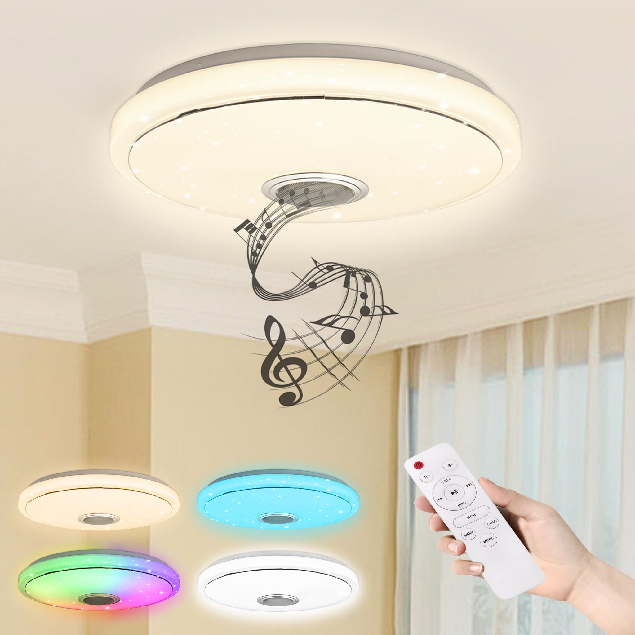Yunvin LED Ceiling Light 48W Dimmable with RGB Color Changing Bluetooth Speaker with Remote and App Control Flush Round Ceiling Lamp for Children's Room, Bedroom, Living Room