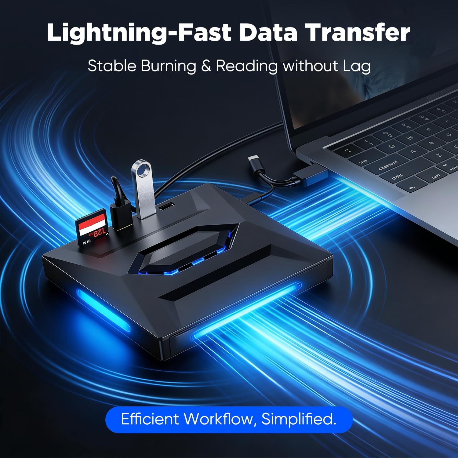SakerPlus 7-in-1 External USB DVD Drive & Blu-ray Player, USB 3.0/Type-C Portable BD/DVD/CD Burner Reader Writer with USB Hub, SD/TF Card Reader, 6X Blu-ray Optical Drive for Laptop/Desktop (1-Pack) — view 3