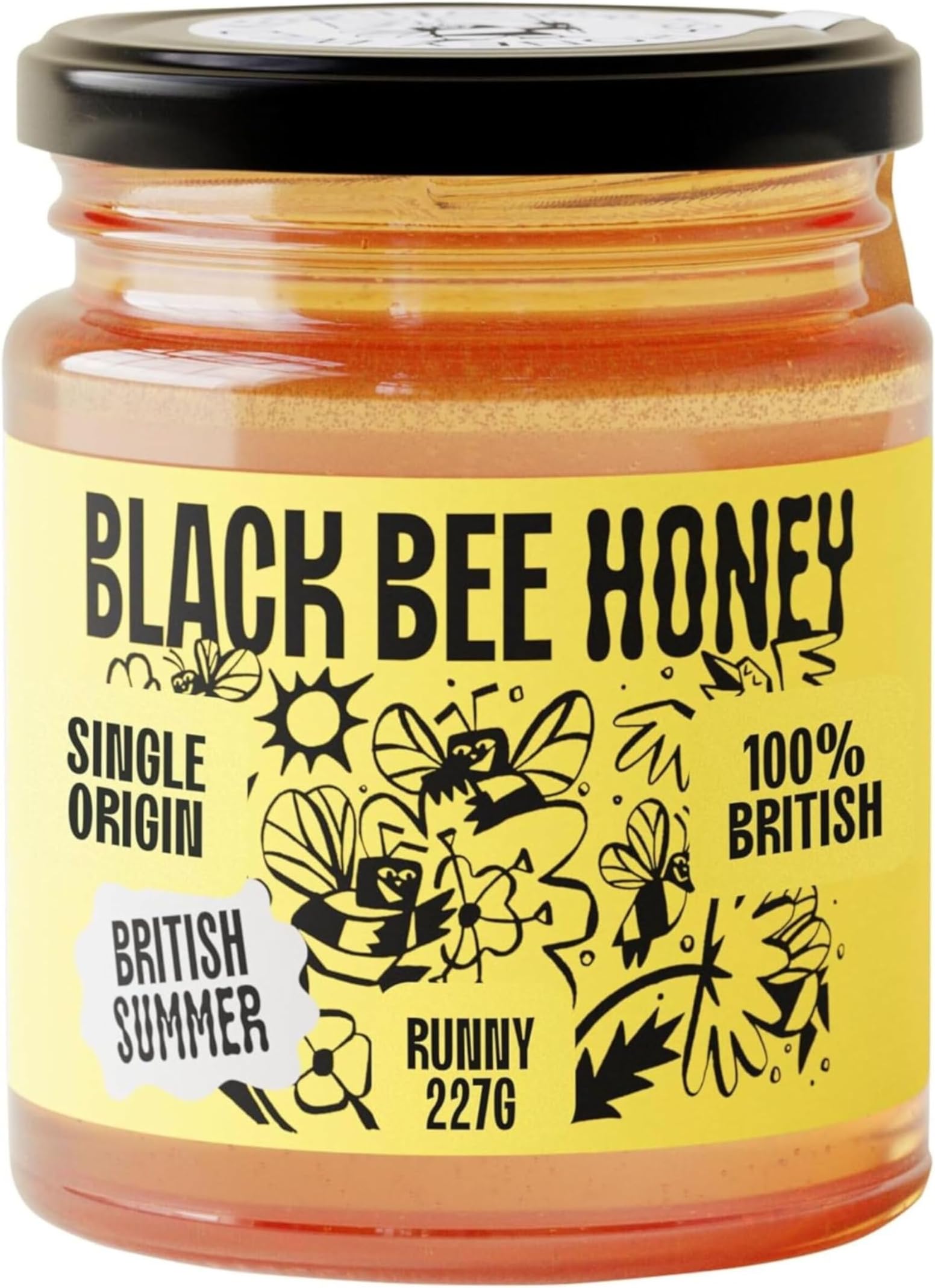 Black Bee Honey - Pure British Summer Honey, Runny with a Heady Floral Flavour, Unprocessed, Single Source from Hive to Jar, Never Blended - Delicious on Toast, Soothing in Drinks, 227g Glass Jar