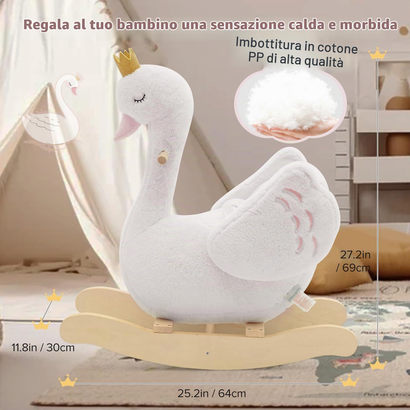 Labebe Cavallo Dondolo Legno, Peluche Bambini di Cigno Bianco per 6-36 Mesi, Sedia Dondolo Neonati/Giochi Cavalcabili