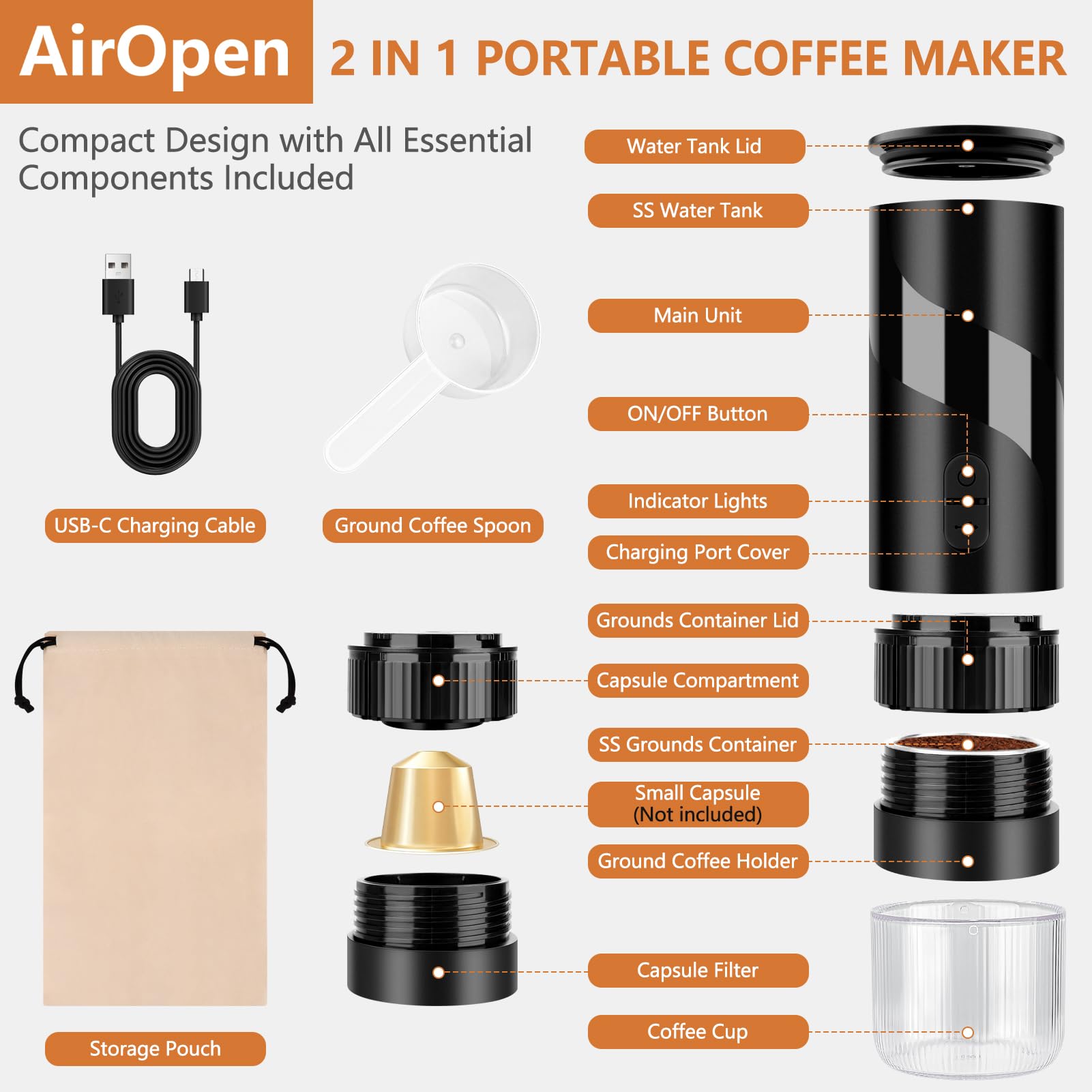 Cafetera Portátil, Depósito de 100 ml, Impermeable IPX5, 20 bar, Compatible con Cápsulas Nespresso Original y Café Molido, para Coche, Campamento y Oficina