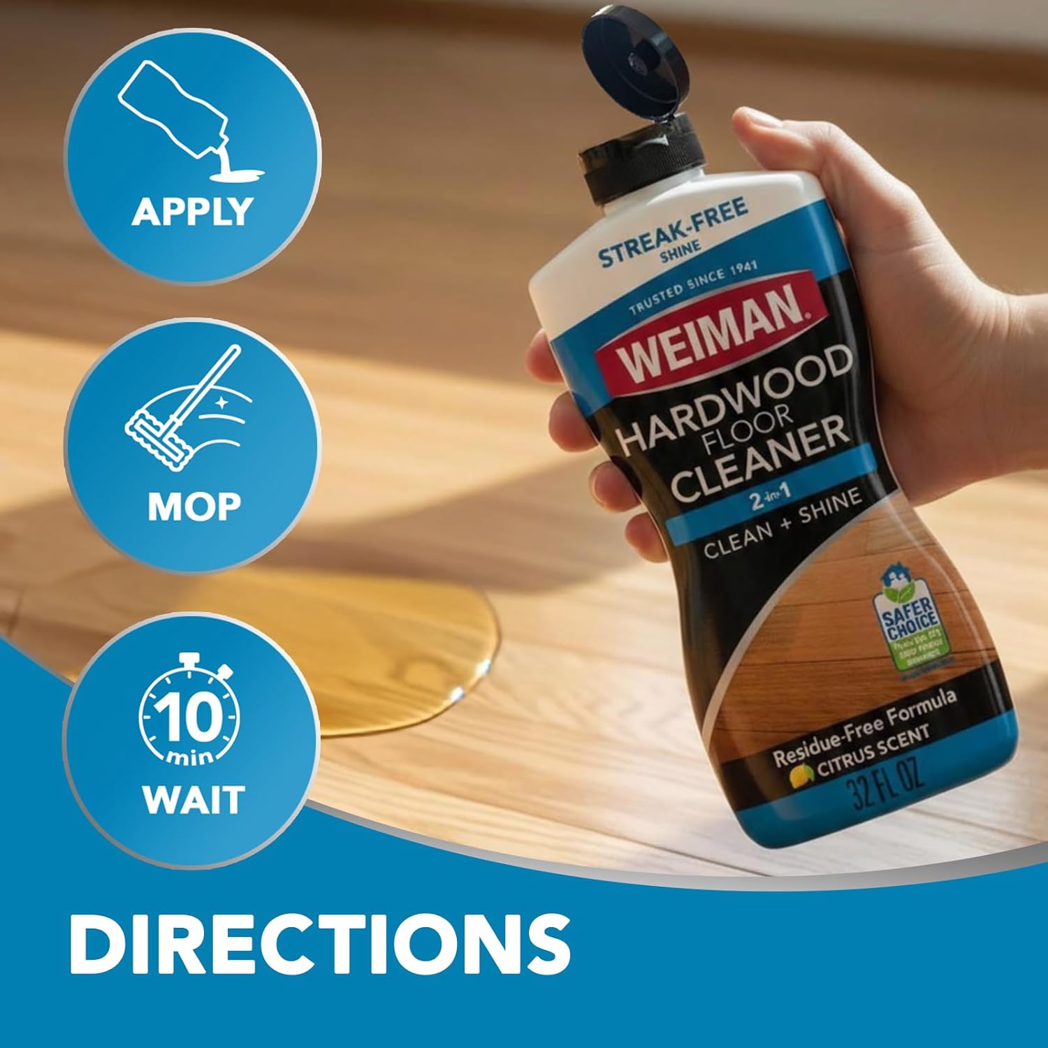 Weiman Hardwood Cleaner for Finished Hardwood Floors, Engineered Floors, Laminate - Streak-Free Results, EPA Safer Choice Certified, 32 oz