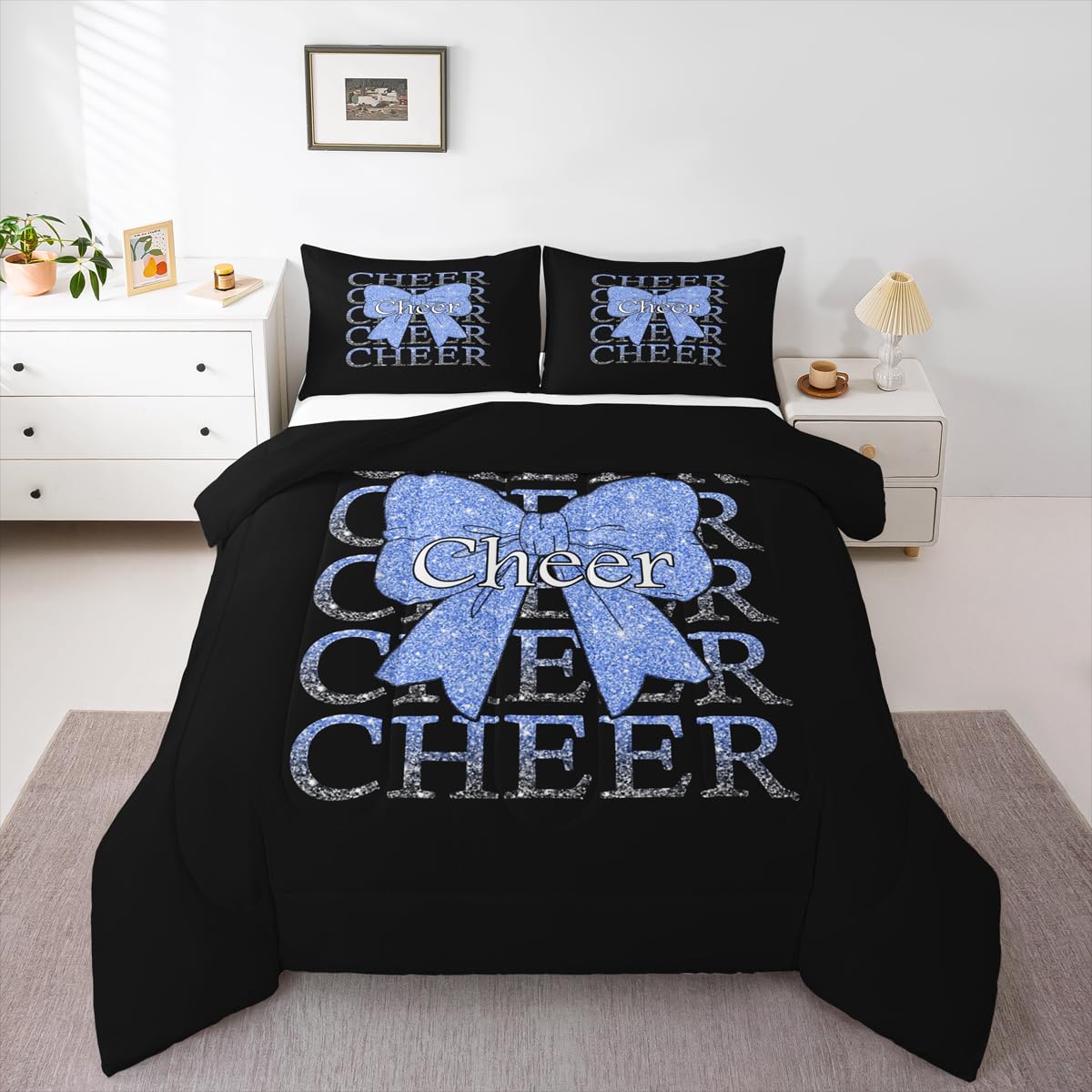 Feelyou Cheer Bow Bedding Set Soft for Boys Girls, Cheerleader Comforter Set King Size Funny Sport Duvet Quilt Microfiber Blue Bedroom Decor 3 Pcs with 2 Pillow Cases