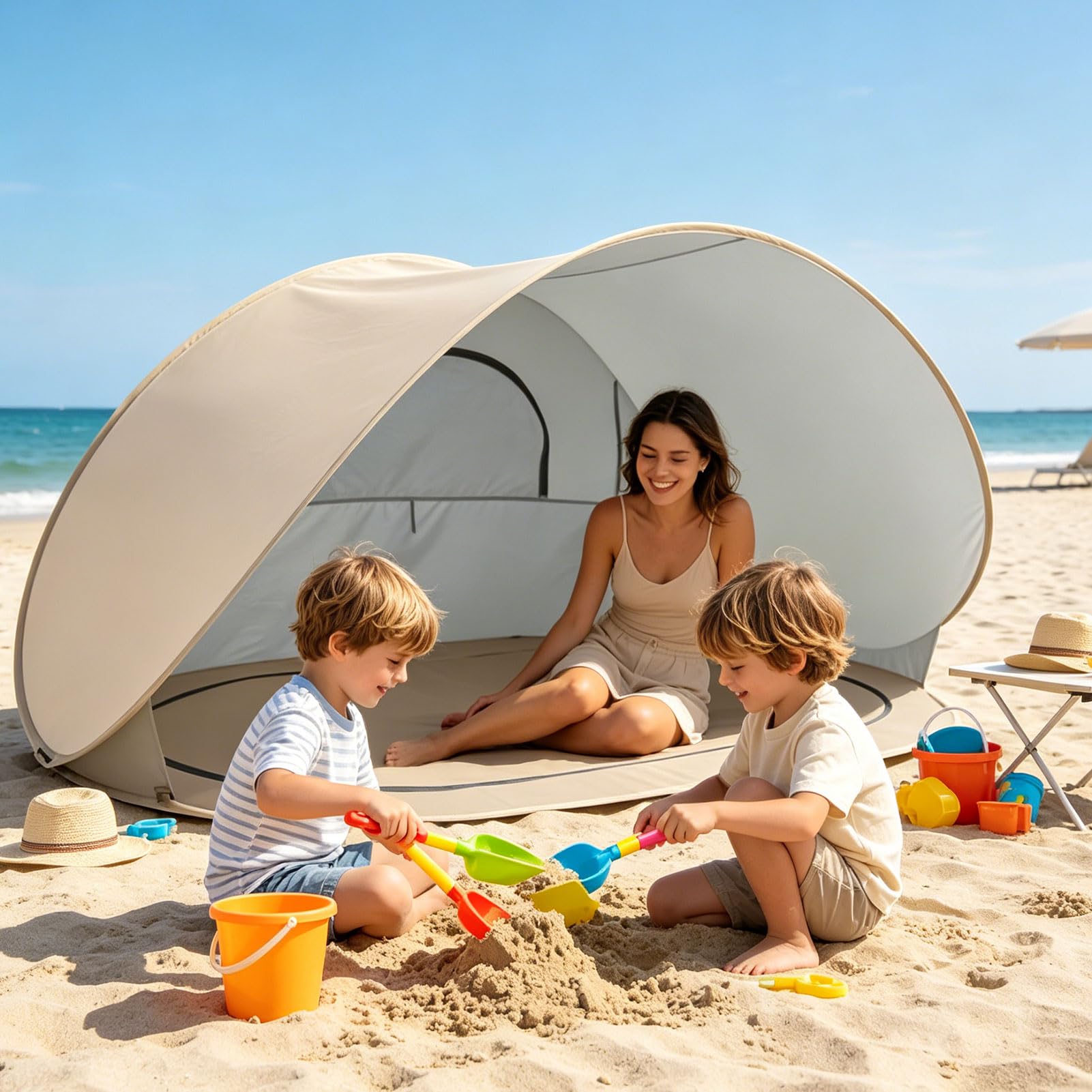 Tente de plage pop-up améliorée, tente de plage portable pour 3 à 4 personnes, fond amovible, abri de plage protection UV 50, tente de plage coupe-vent pour protection solaire, plage, jardin (beige)