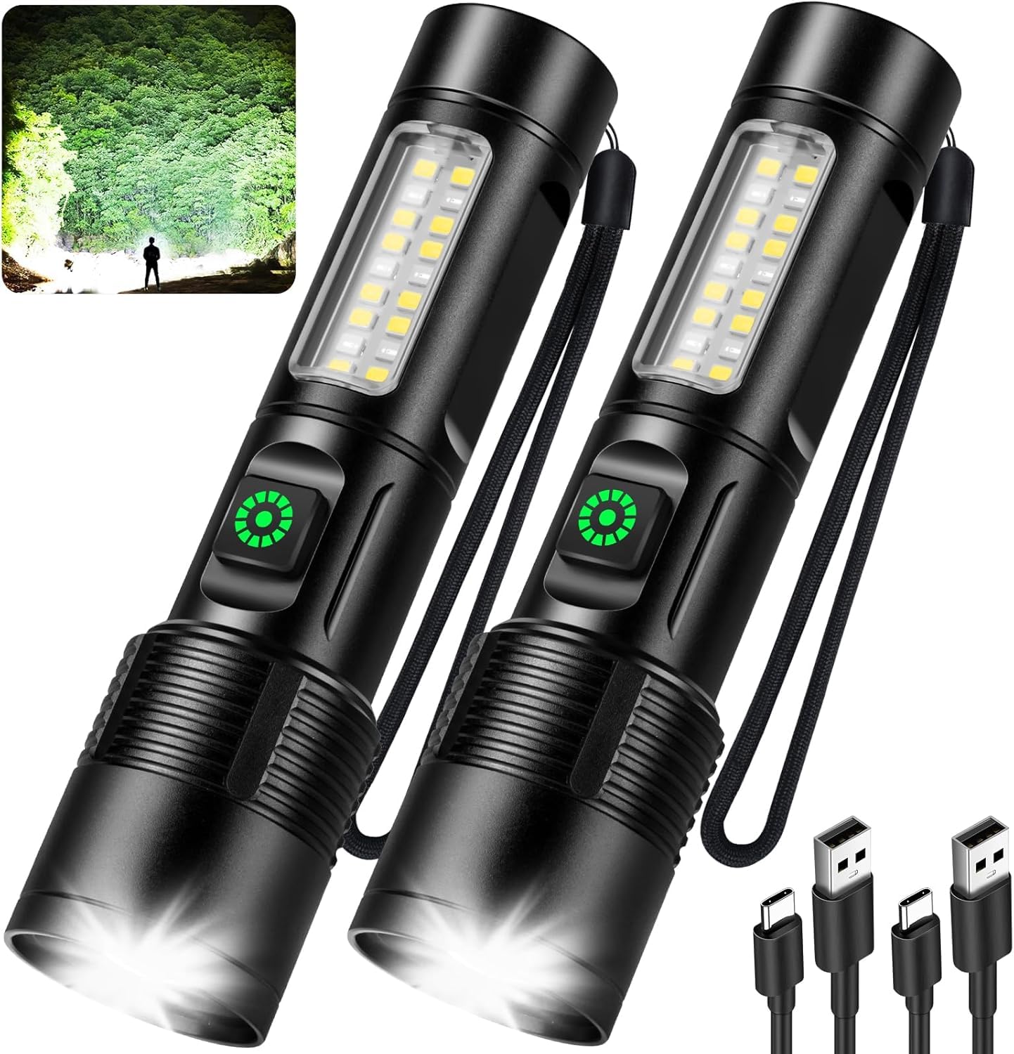 Paquete de 2 linternas recargables, luz de flash súper brillante de alto lúmenes, 6 modos de linterna, potentes linternas LED de mano para acampar en casa