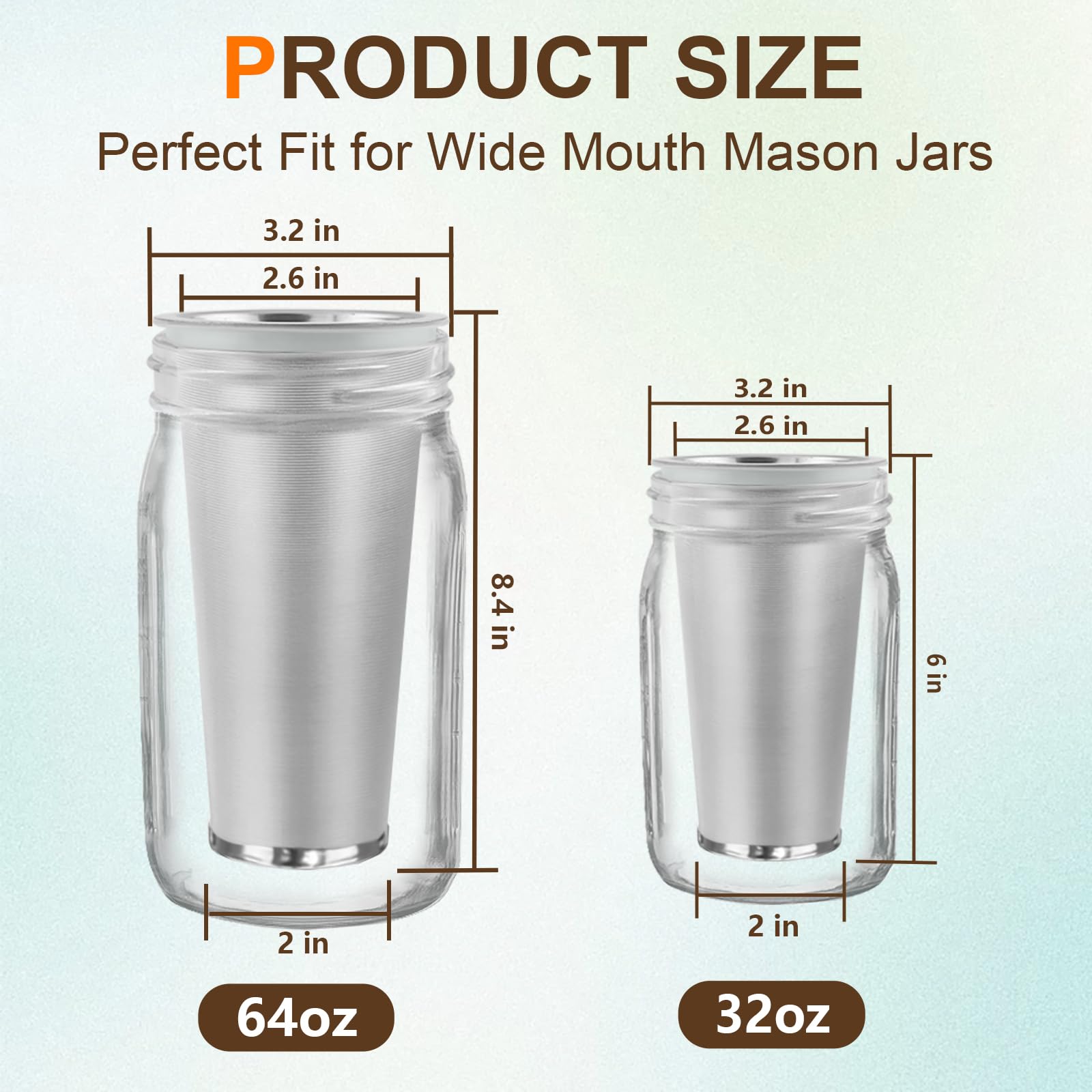 2 filtros de café frío, acero inoxidable 304 de grado alimenticio, cafetera, tetera, filtro de agua, malla ultrafina, tarro Mason de boca ancha de 64 onzas
